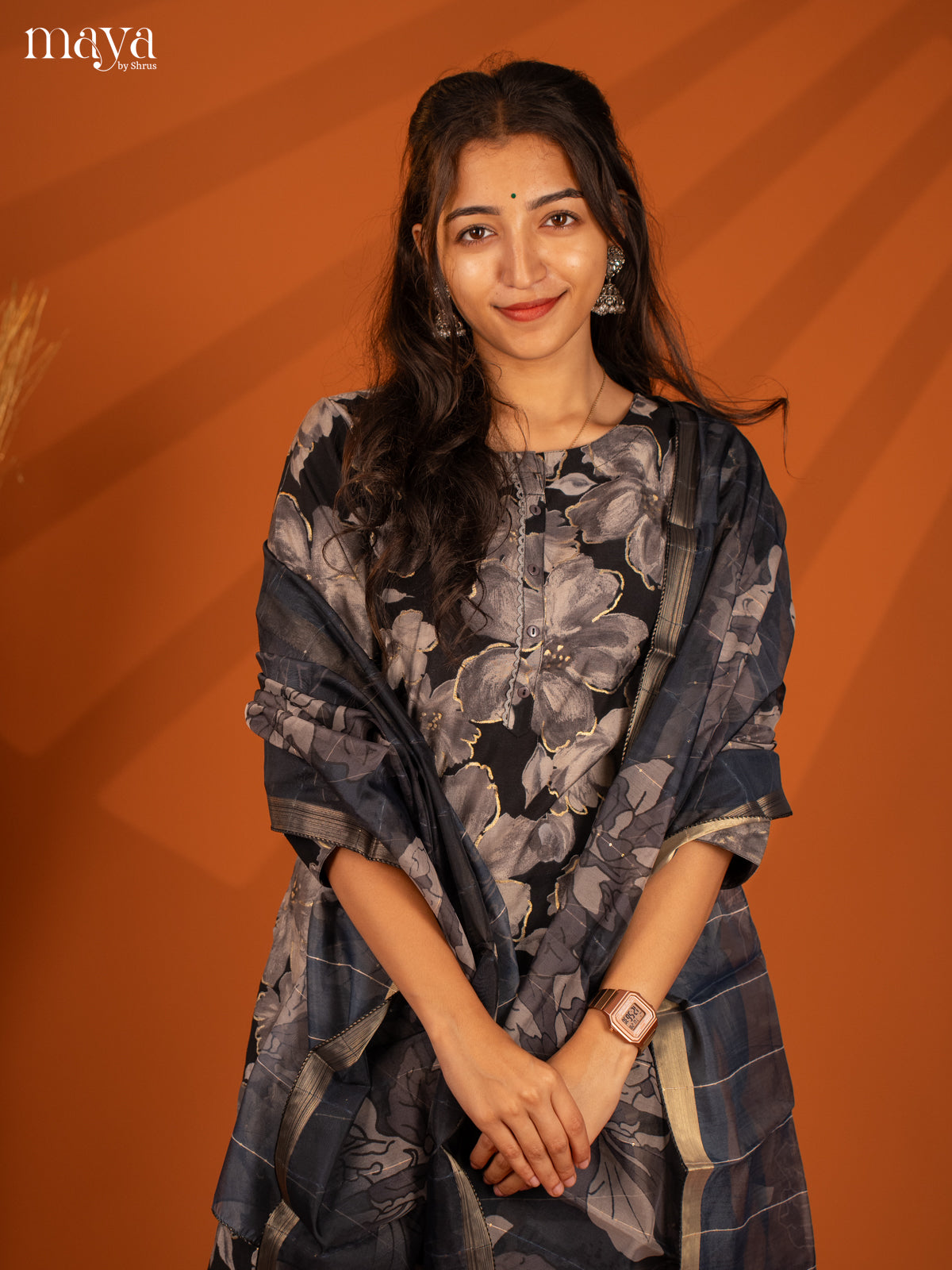 Black Rayon 3Pc Printed Salwar Suit- Top, Bottom & Dupatta - Shop on Shrus.com