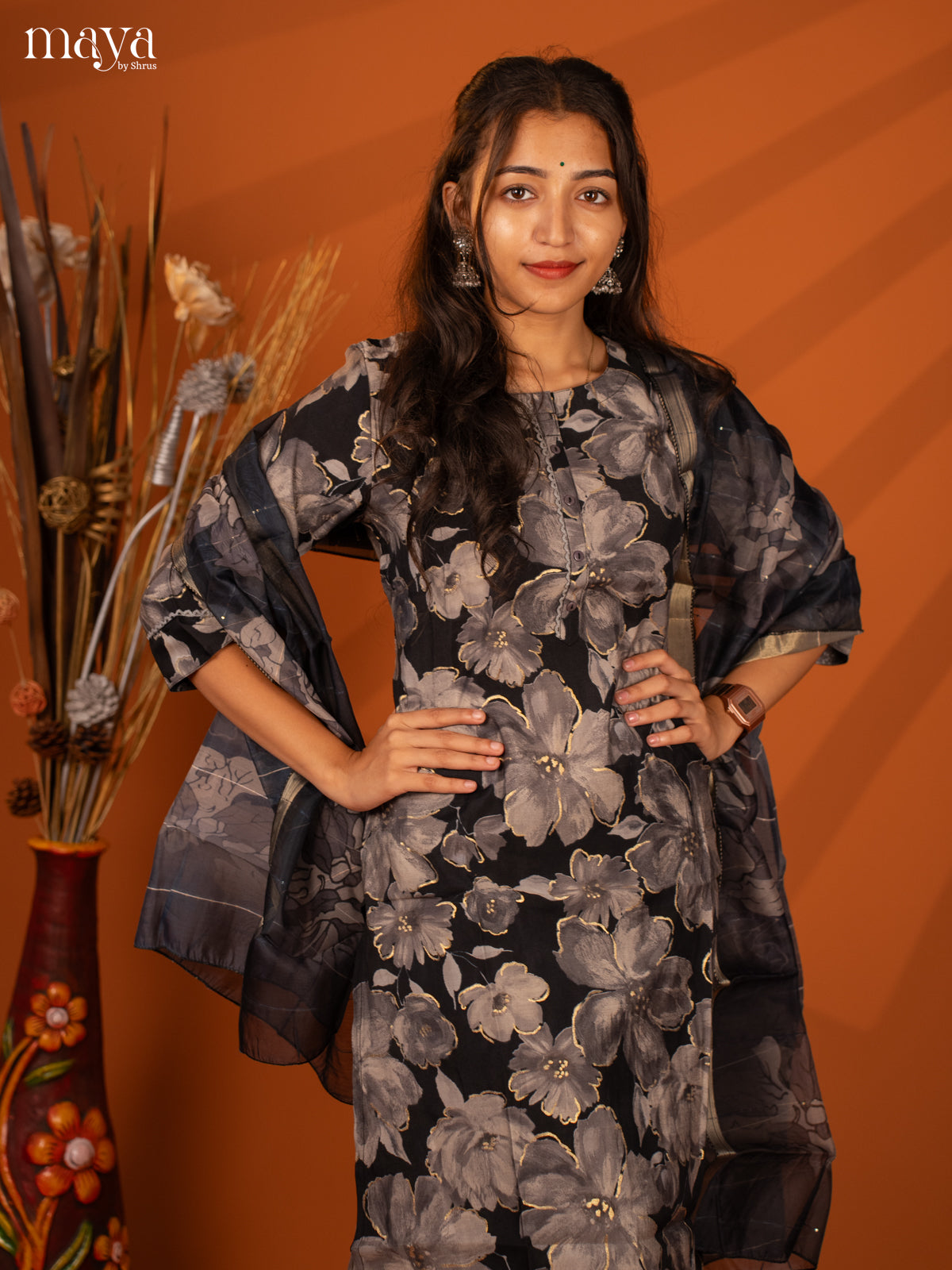 Black Rayon 3Pc Printed Salwar Suit- Top, Bottom & Dupatta - Shop on Shrus.com