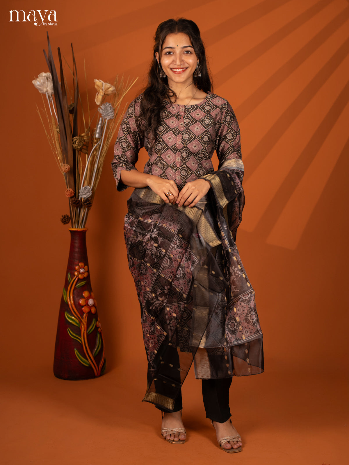Brown Linen Cotton 3 Pc Salwar With Batik Print - Top, Bottom & Dupatta - Shop on Shrus.com