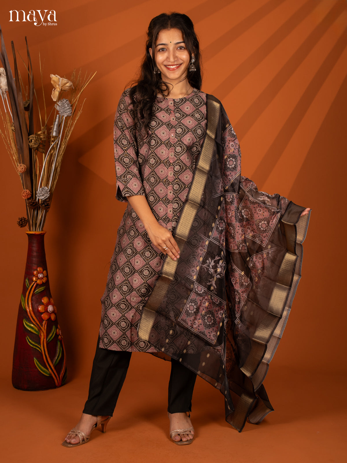 Brown Linen Cotton 3 Pc Salwar With Batik Print - Top, Bottom & Dupatta - Shop on Shrus.com