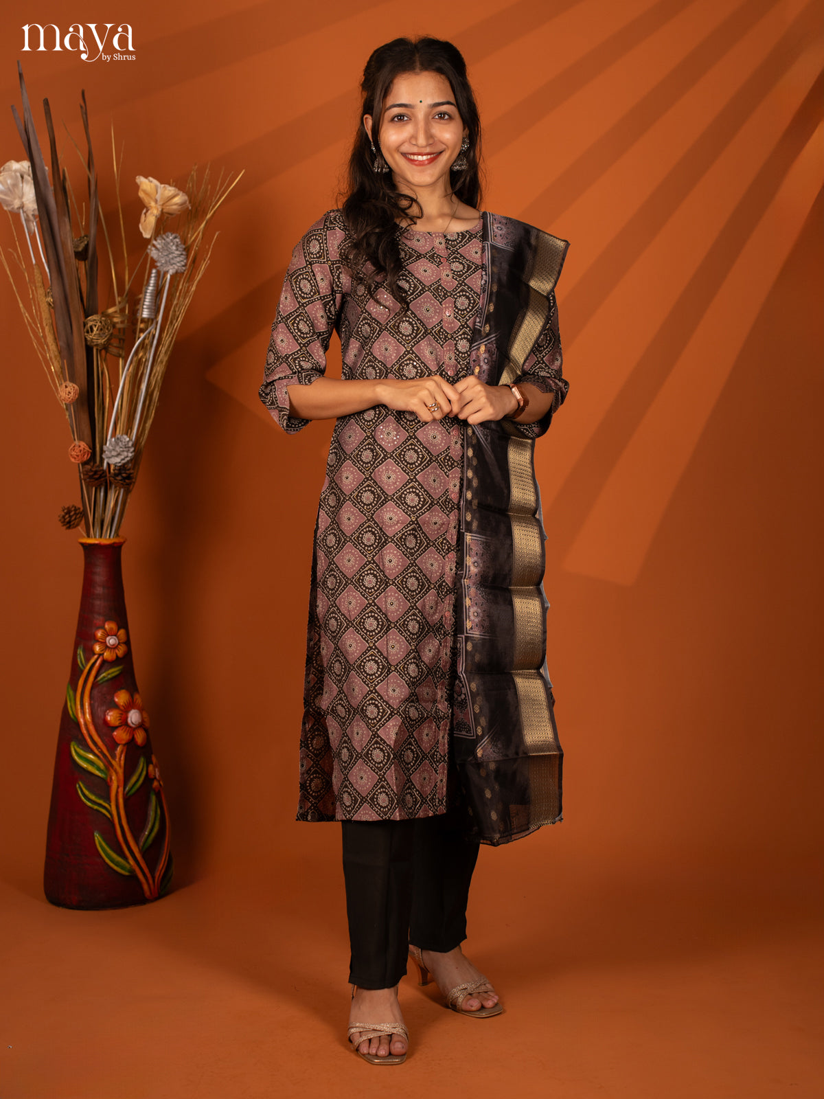 Brown Linen Cotton 3 Pc Salwar With Batik Print - Top, Bottom & Dupatta - Shop on Shrus.com