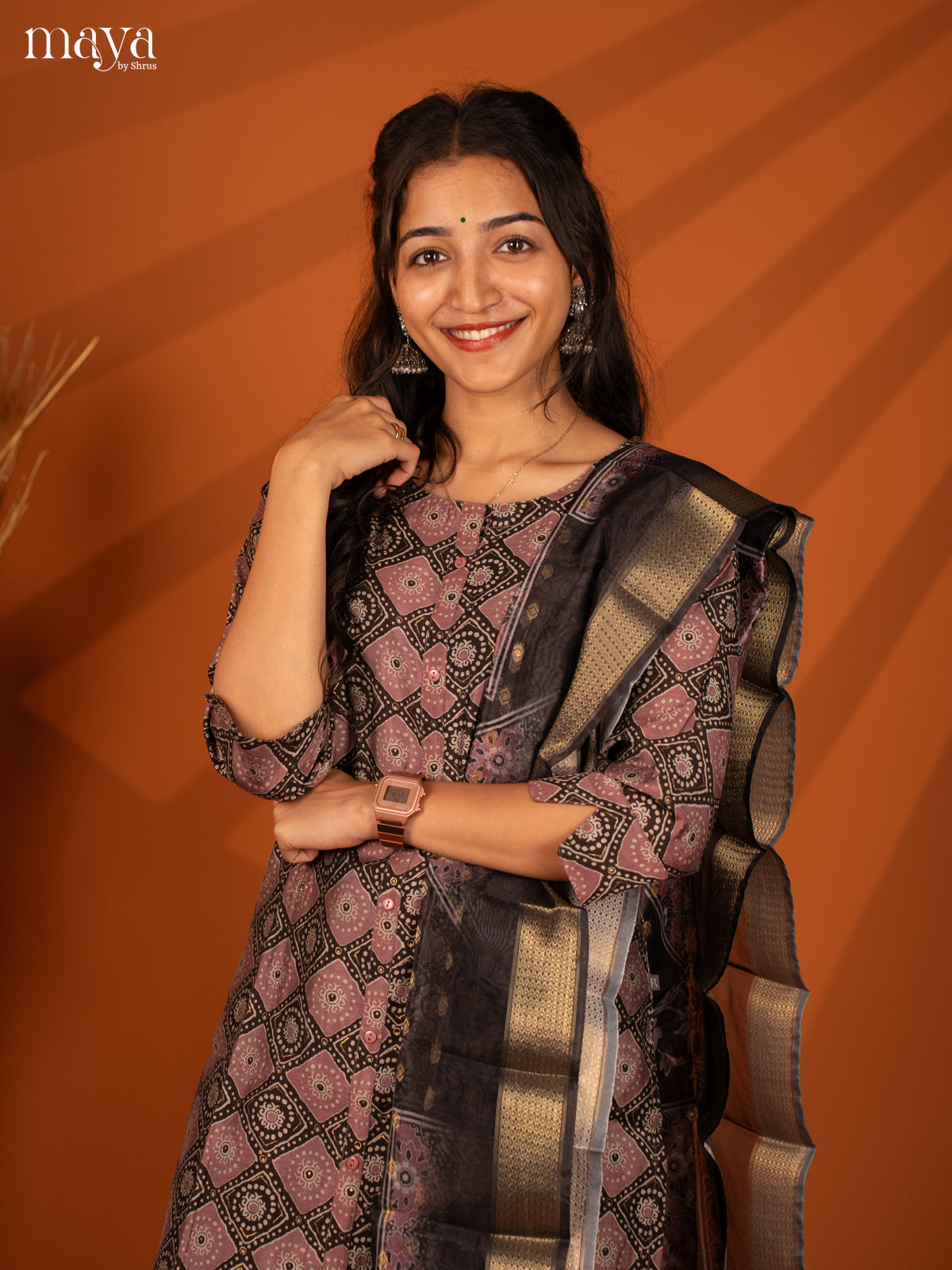 Brown Linen Cotton 3 Pc Salwar With Batik Print - Top, Bottom & Dupatta - Shop on Shrus.com