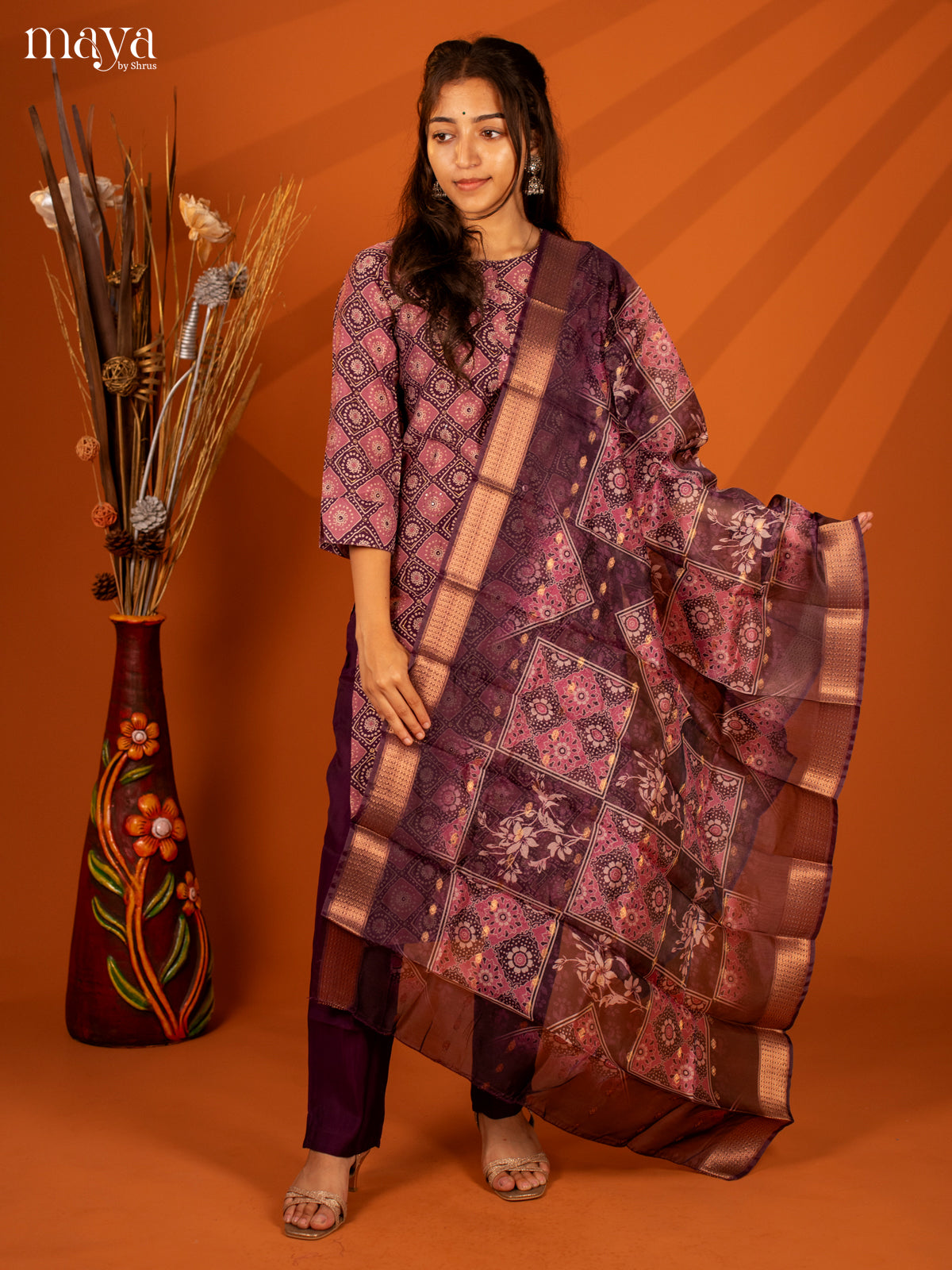 Purple Linen Cotton 3 Pc Salwar With Batik Print - Top, Bottom & Dupatta - Shop on Shrus.com