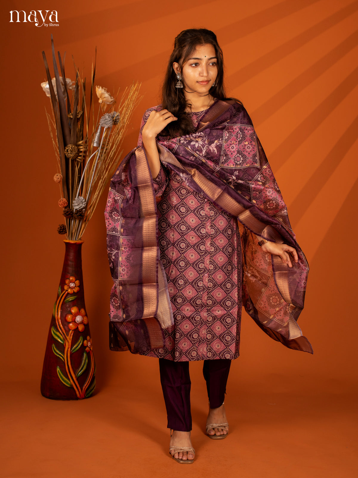 Purple Linen Cotton 3 Pc Salwar With Batik Print - Top, Bottom & Dupatta - Shop on Shrus.com
