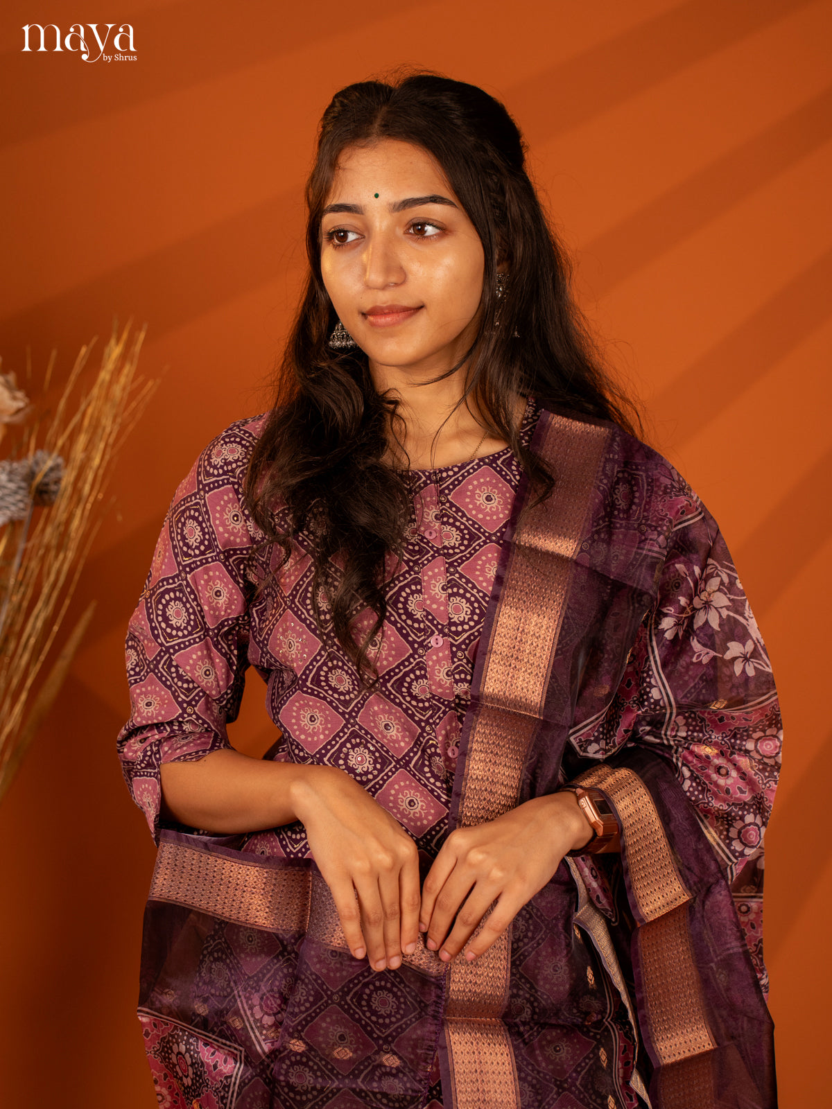 Purple Linen Cotton 3 Pc Salwar With Batik Print - Top, Bottom & Dupatta - Shop on Shrus.com