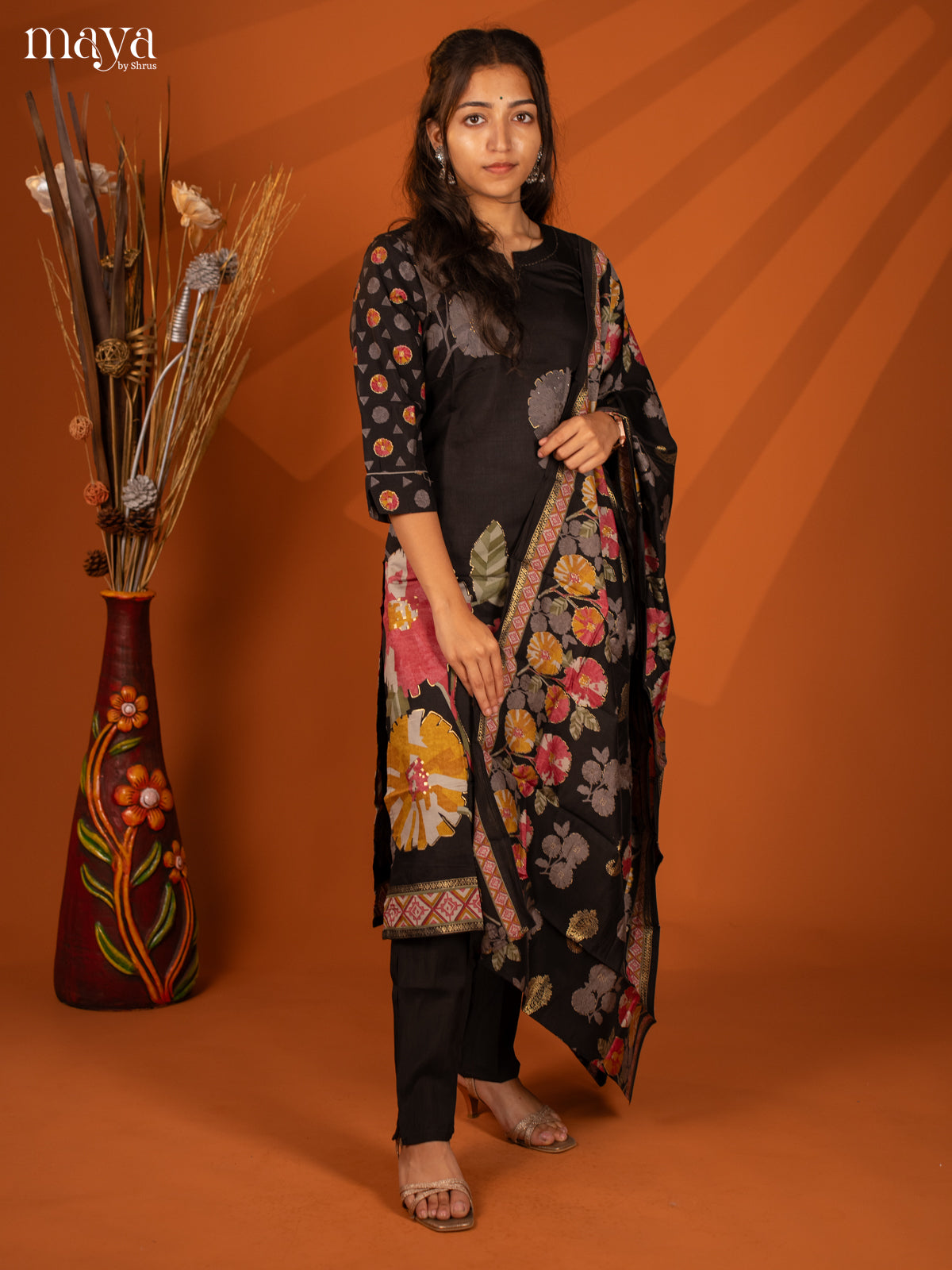 Black Rayon 3Pc Printed Salwar Suit- Top, Bottom & Dupatta - Shop on Shrus.com