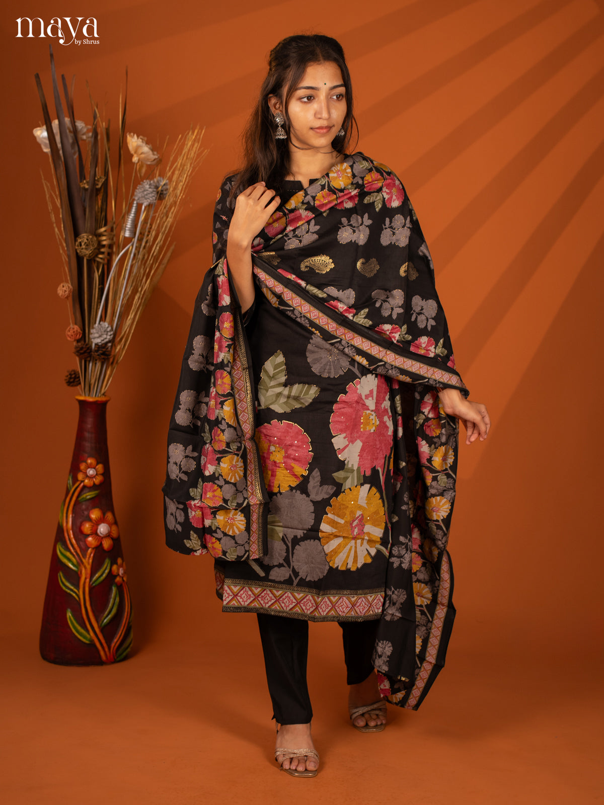 Black Rayon 3Pc Printed Salwar Suit- Top, Bottom & Dupatta - Shop on Shrus.com
