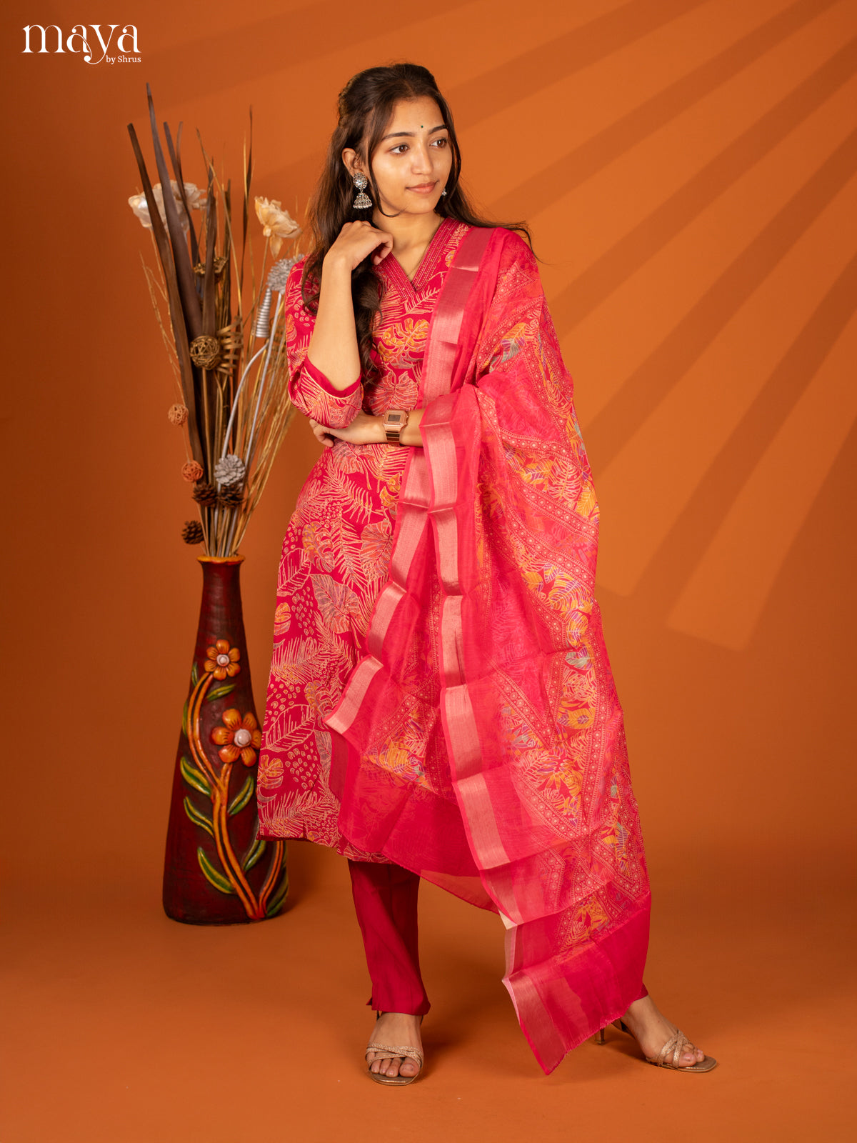 Pink Cotton 3 Pc Salwar With Floral Print - Top, Bottom & Dupatta - Shop on Shrus.com