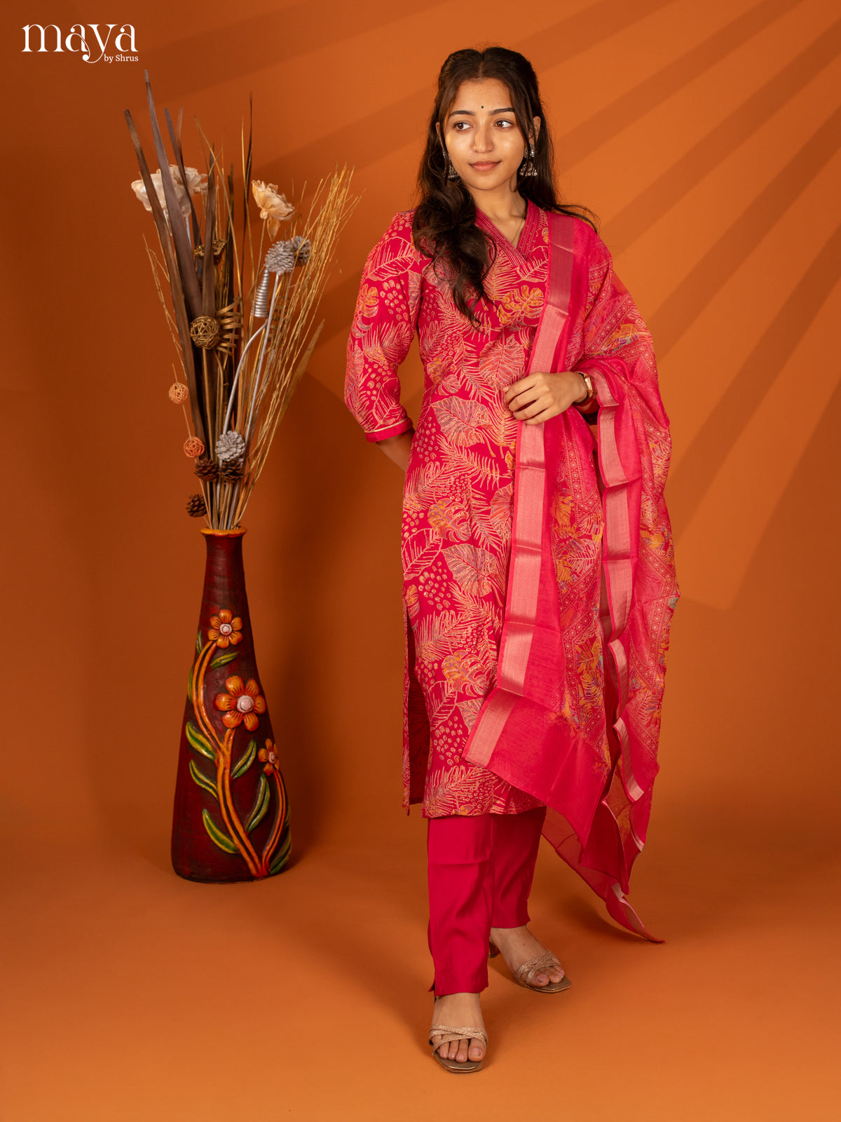 Pink Cotton 3 Pc Salwar With Floral Print - Top, Bottom & Dupatta - Shop on Shrus.com
