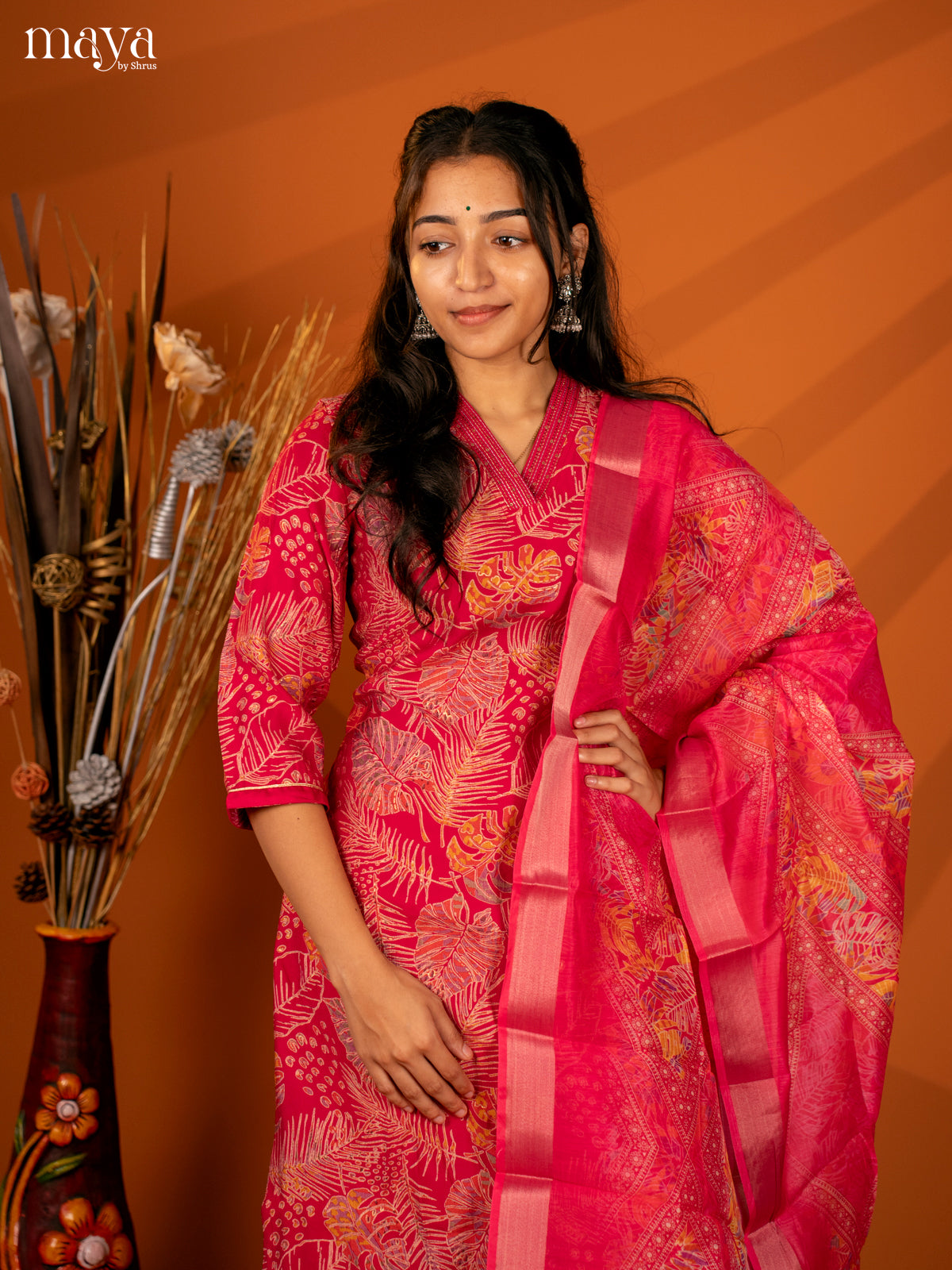 Pink Cotton 3 Pc Salwar With Floral Print - Top, Bottom & Dupatta - Shop on Shrus.com