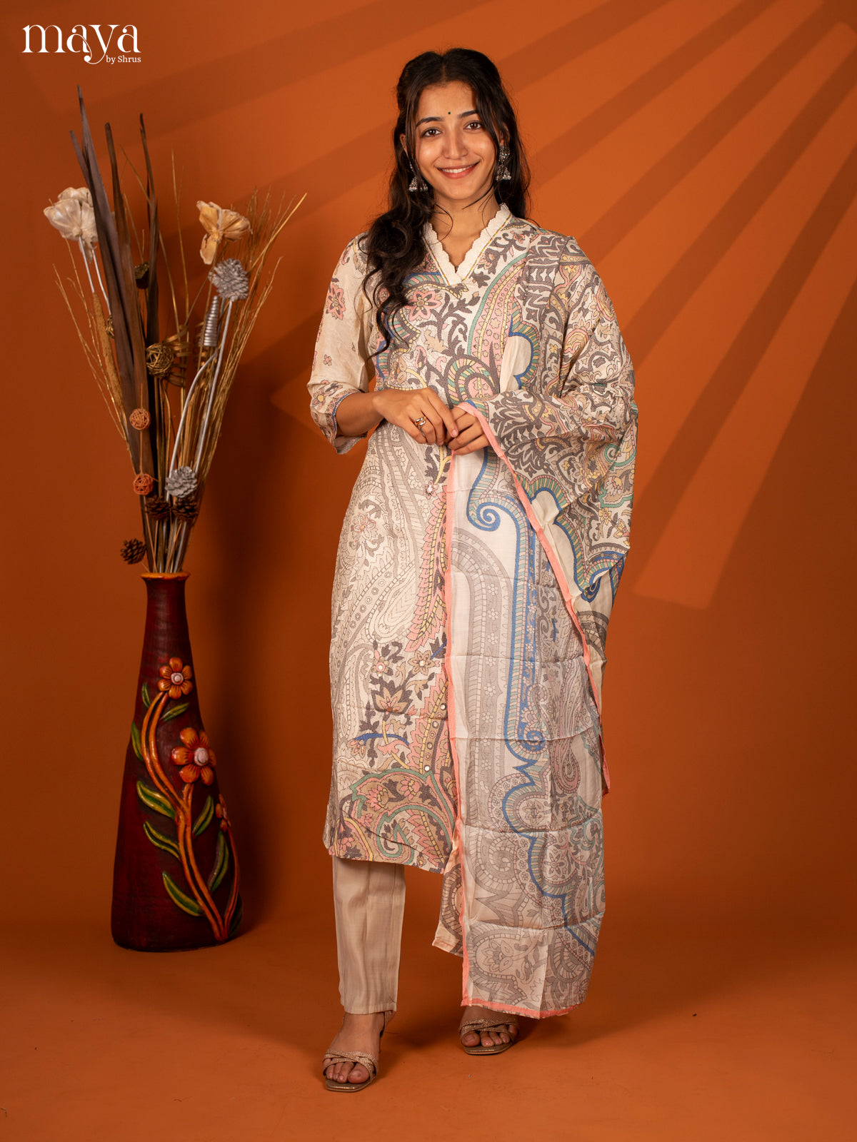 White Semi Crepe 3 Pc Salwar With Digital Print - Top, Bottom & Dupatta - Shop on Shrus.com