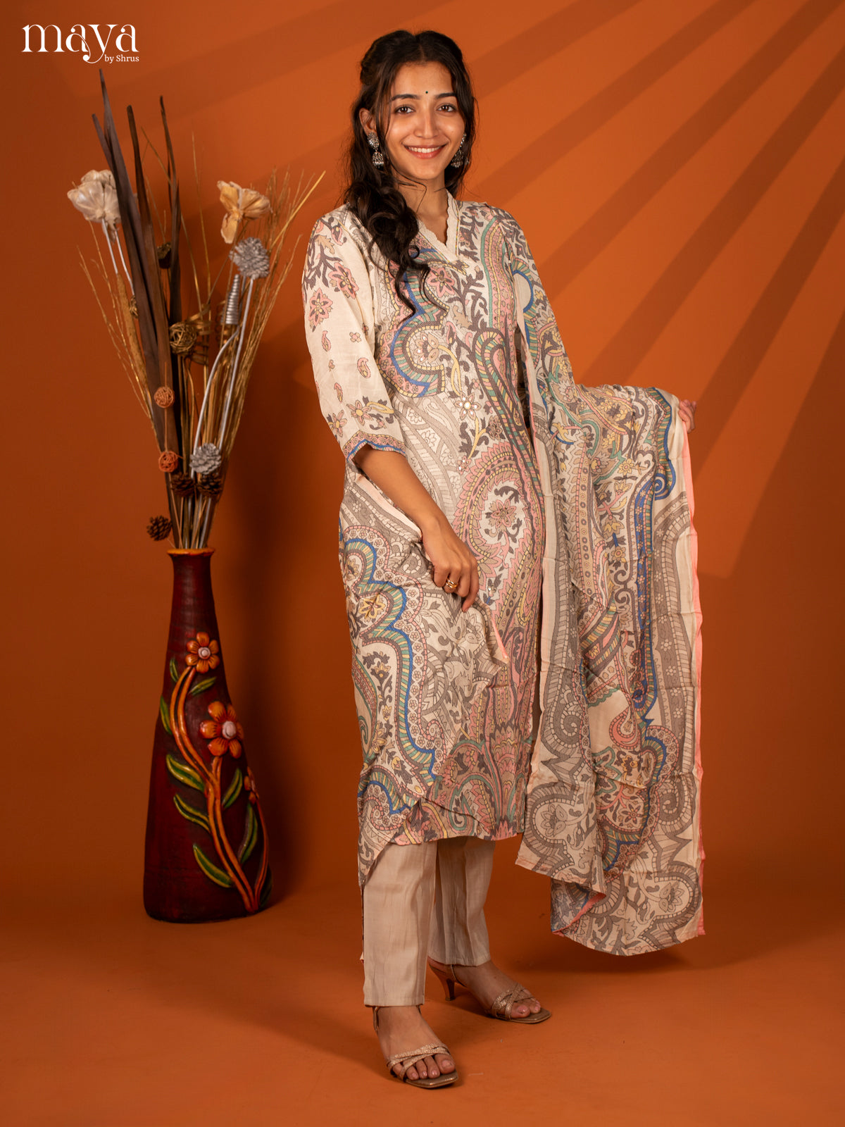 White Semi Crepe 3 Pc Salwar With Digital Print - Top, Bottom & Dupatta - Shop on Shrus.com