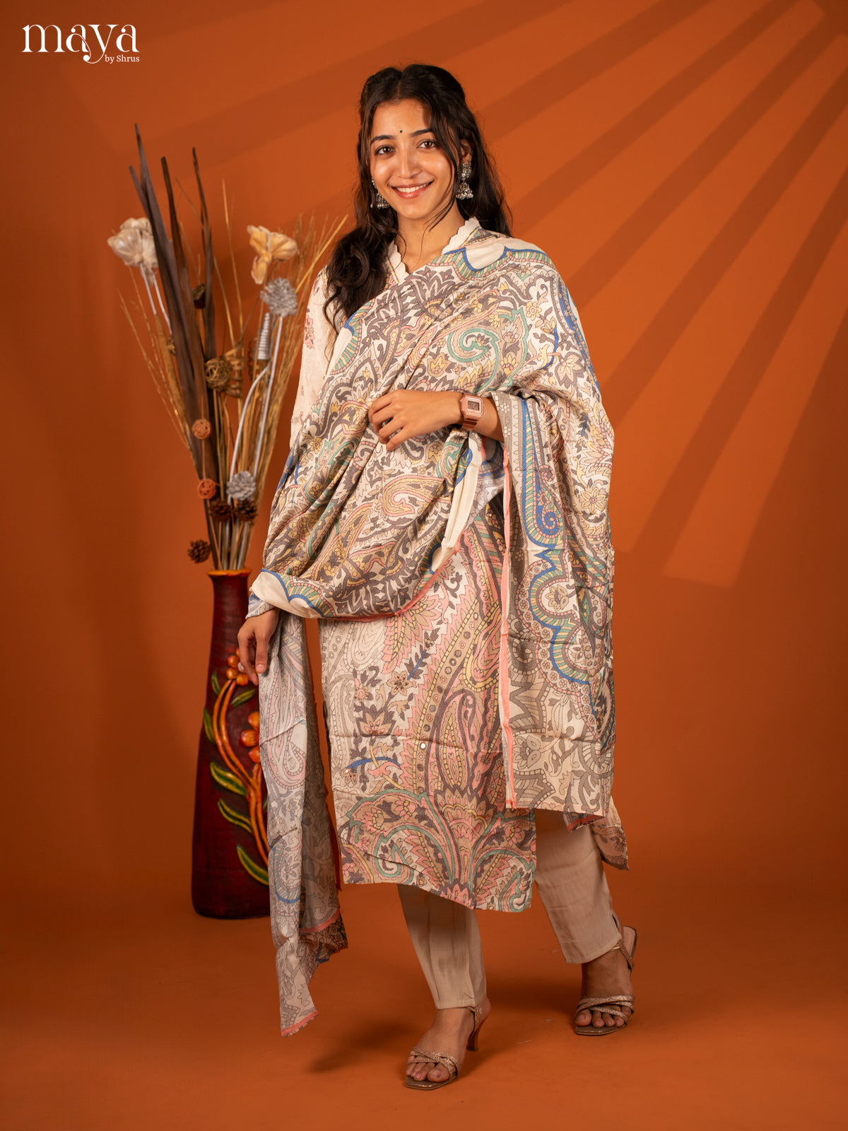 White Semi Crepe 3 Pc Salwar With Digital Print - Top, Bottom & Dupatta - Shop on Shrus.com