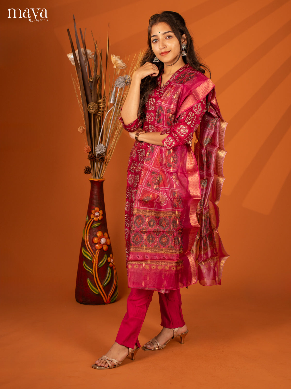 Magenta Semi Crepe 3 Pc Salwar with Batik Print - Top, Bottom & Dupatta - Shop on Shrus.com