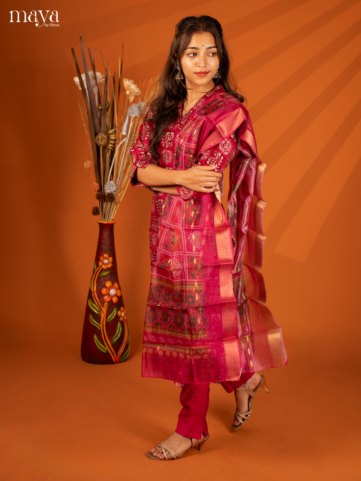 Magenta Semi Crepe 3 Pc Salwar with Batik Print - Top, Bottom & Dupatta - Shop on Shrus.com