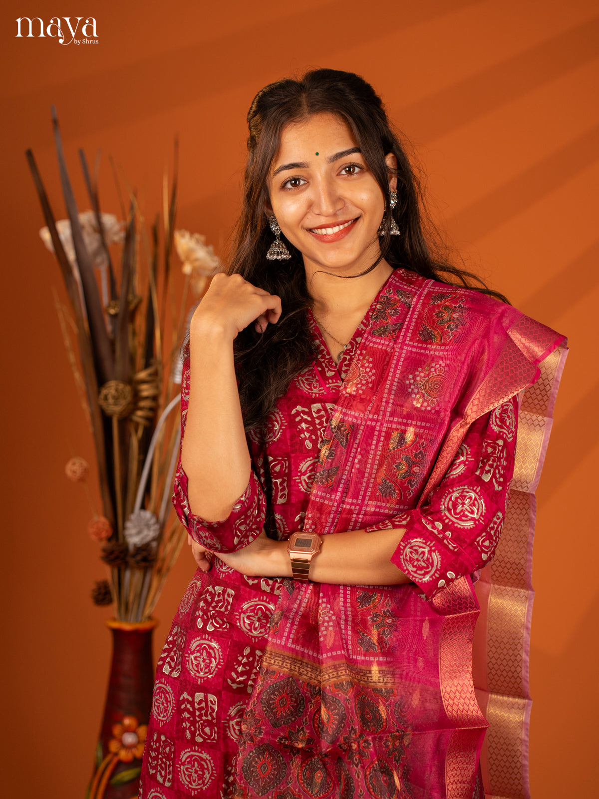 Magenta Semi Crepe 3 Pc Salwar with Batik Print - Top, Bottom & Dupatta - Shop on Shrus.com