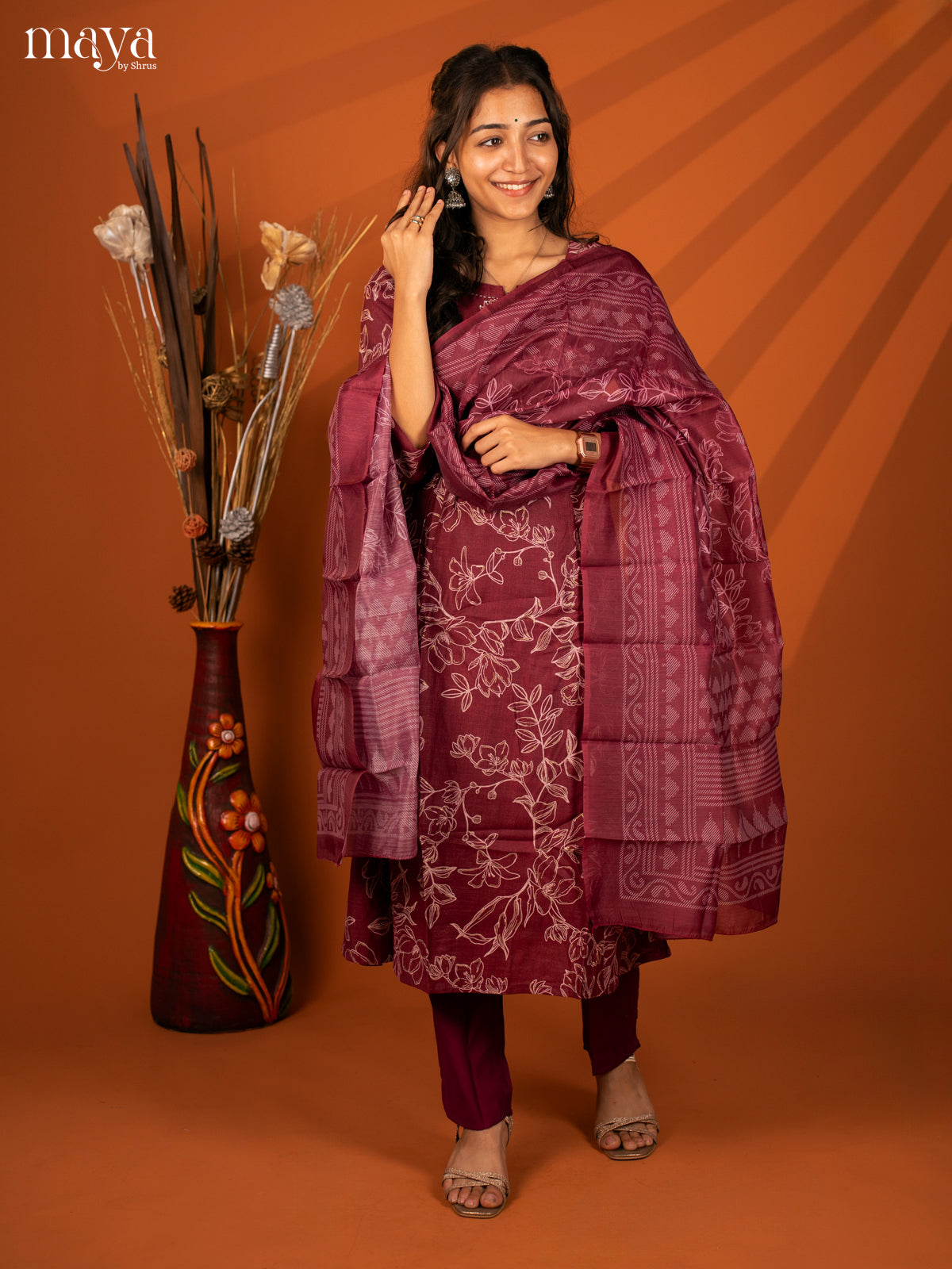 Magenta Cotton 3 Pc Printed Salwar Suit - Top, Bottom & Dupatta - Shop on Shrus.com