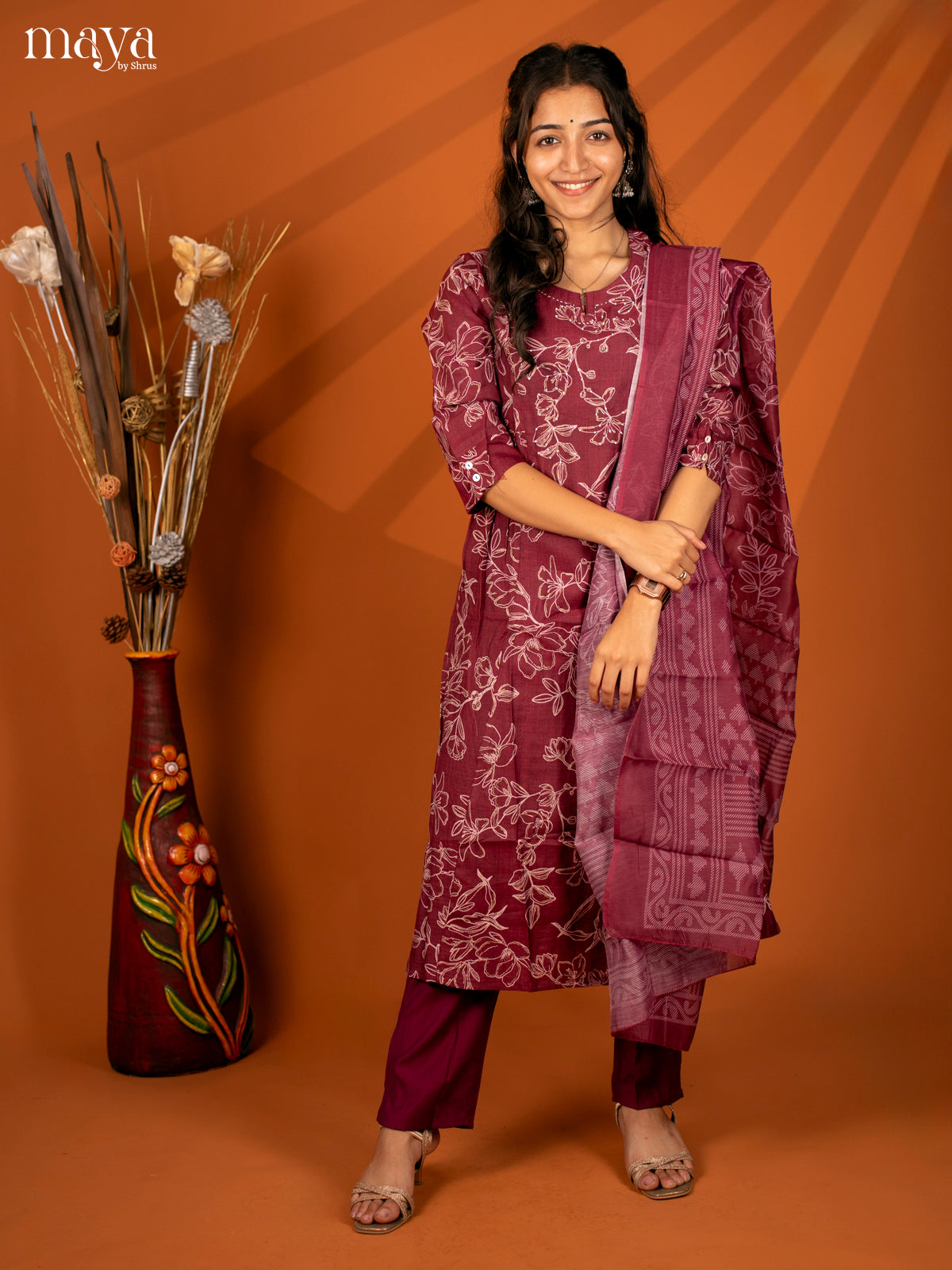 Magenta Cotton 3 Pc Printed Salwar Suit - Top, Bottom & Dupatta - Shop on Shrus.com