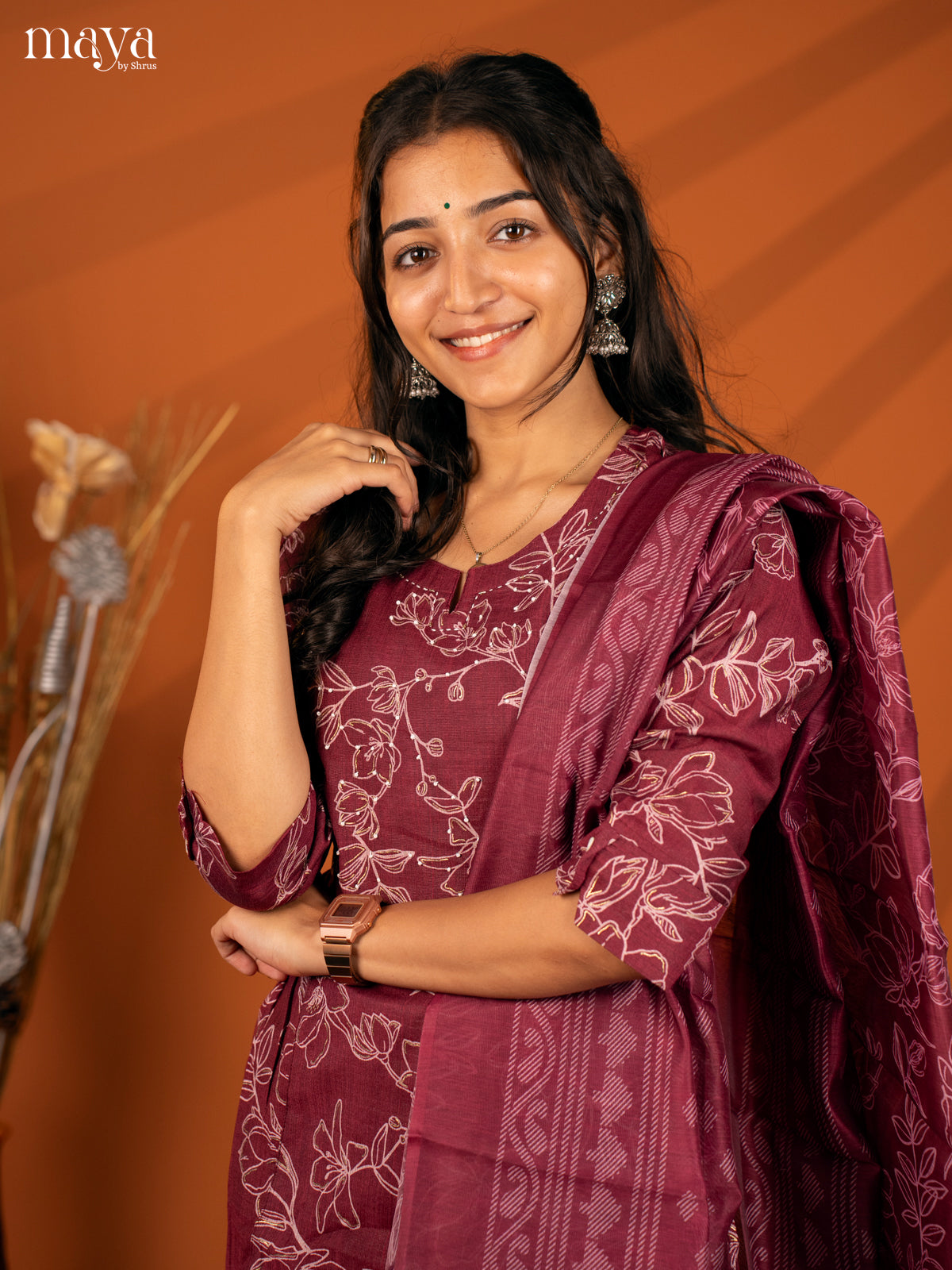 Magenta Cotton 3 Pc Printed Salwar Suit - Top, Bottom & Dupatta - Shop on Shrus.com