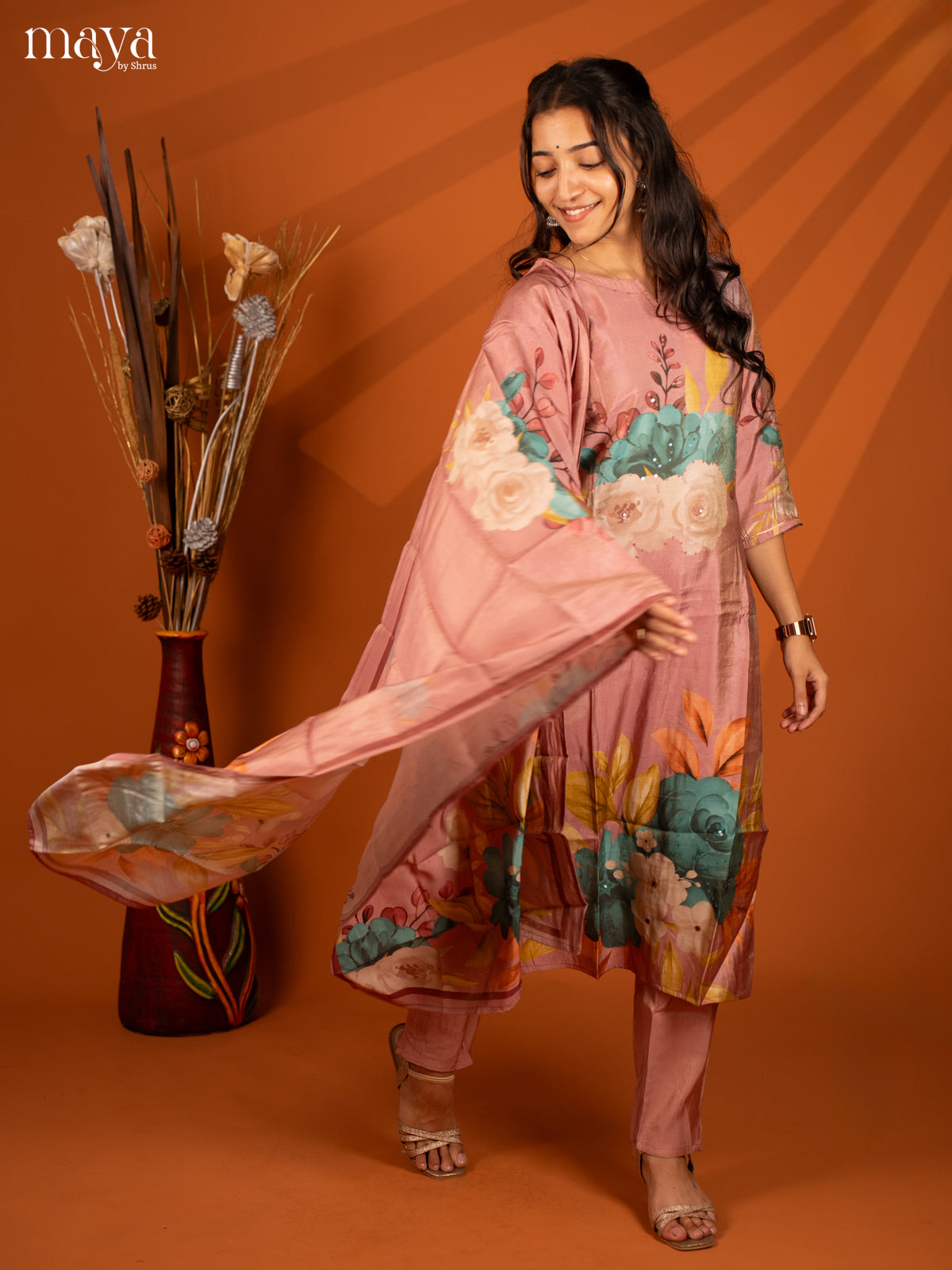 Pink Semi Crepe 3 Pc Salwar With Floral Print - Top, Bottom & Dupatta - Shop on Shrus.com