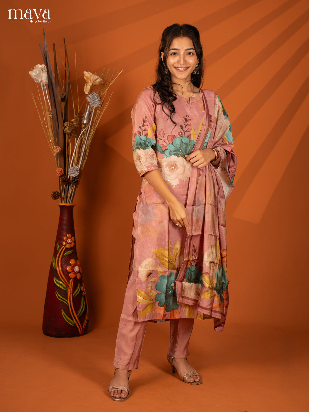 Pink Semi Crepe 3 Pc Salwar With Floral Print - Top, Bottom & Dupatta - Shop on Shrus.com