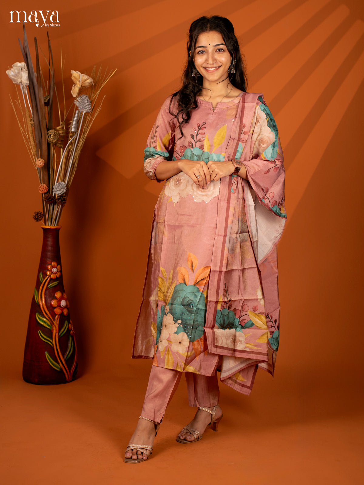 Pink Semi Crepe 3 Pc Salwar With Floral Print - Top, Bottom & Dupatta - Shop on Shrus.com