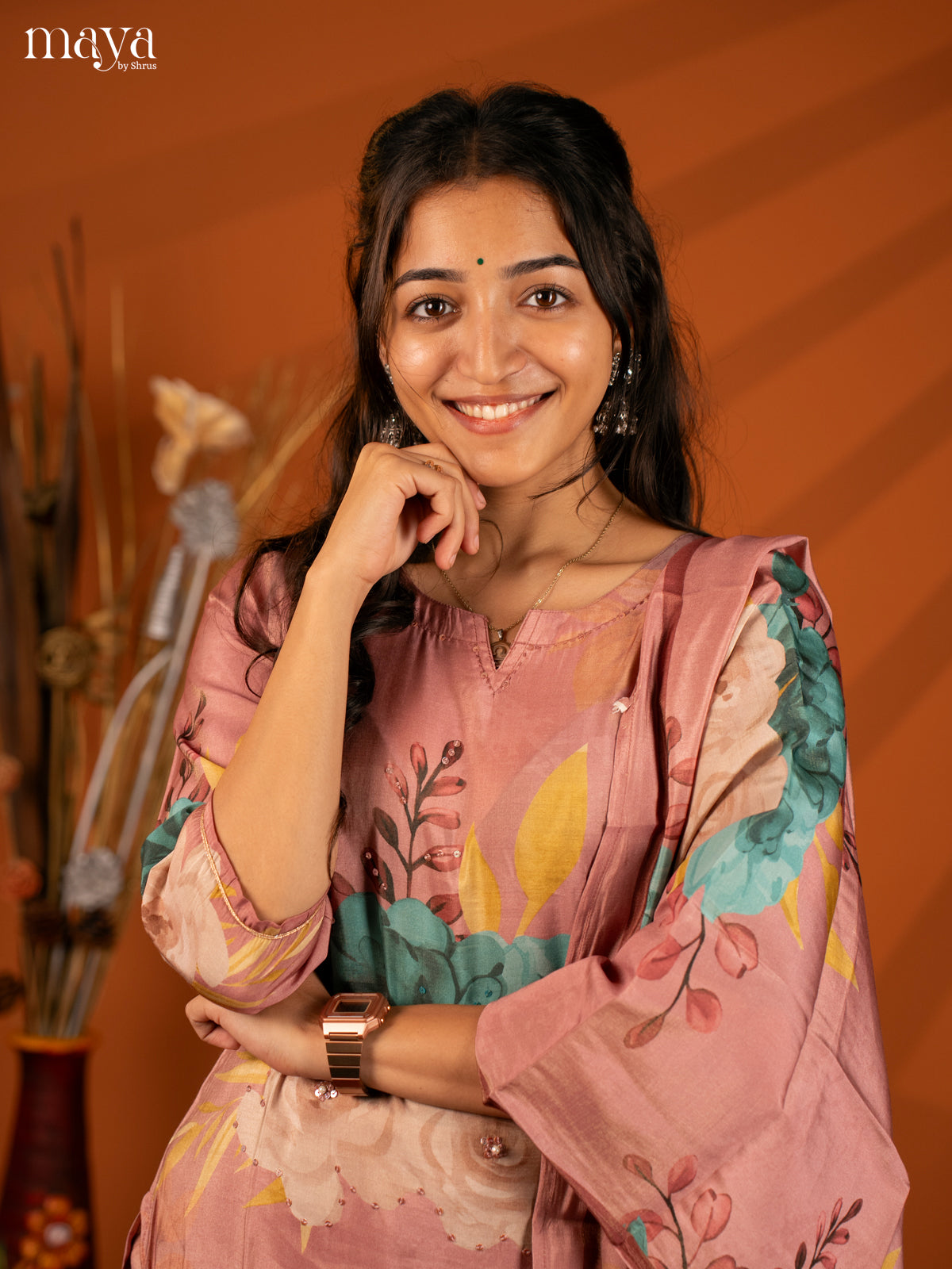 Pink Semi Crepe 3 Pc Salwar With Floral Print - Top, Bottom & Dupatta - Shop on Shrus.com