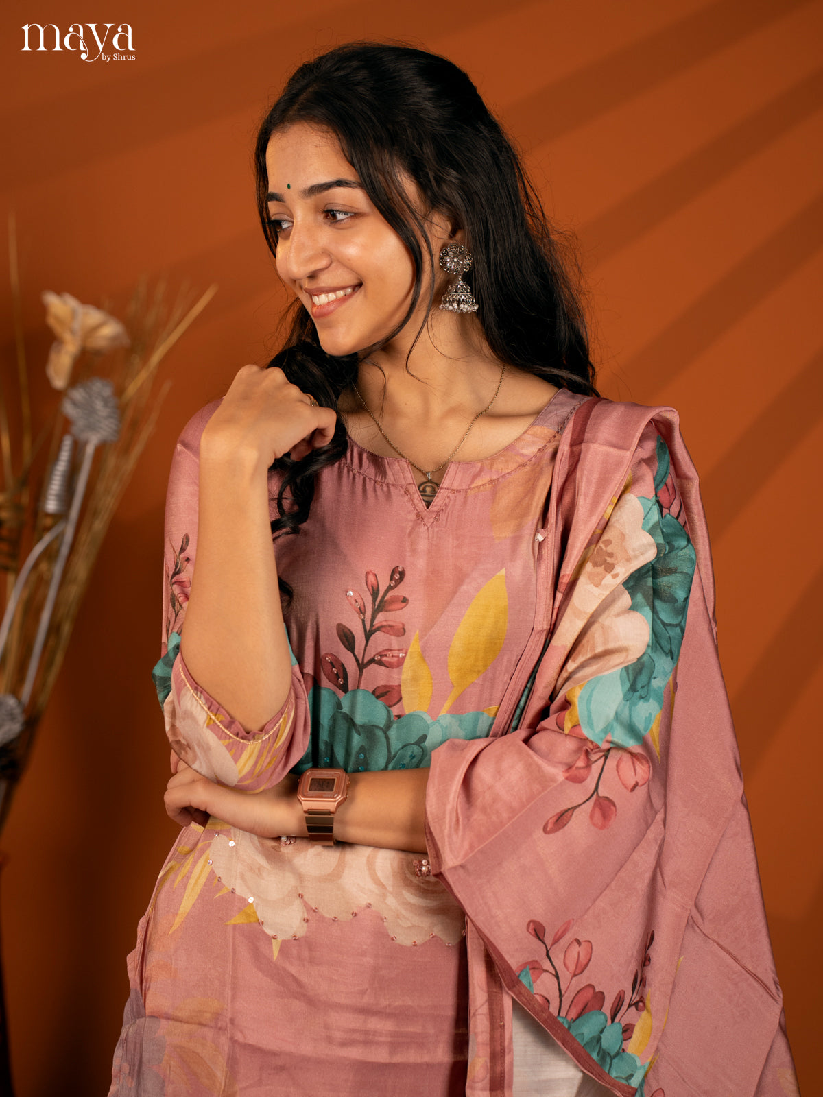 Pink Semi Crepe 3 Pc Salwar With Floral Print - Top, Bottom & Dupatta - Shop on Shrus.com