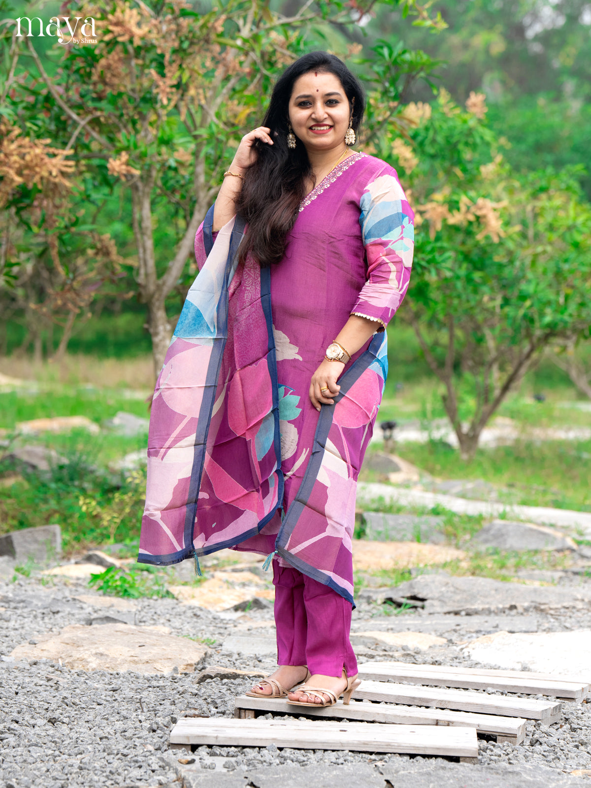 Embroidered Rayon Magenta 3Pc Salwar Suit - Top, Bottom & Dupatta - Shop on Shrus.com