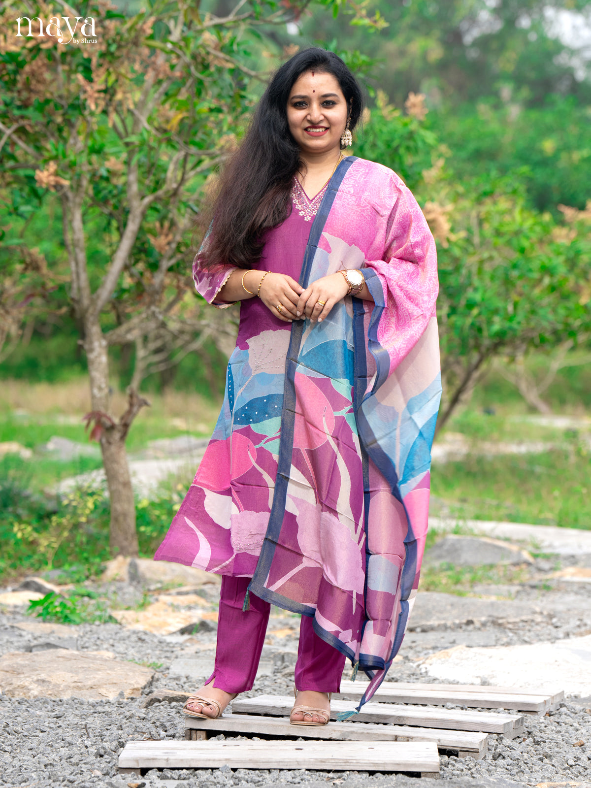 Embroidered Rayon Magenta 3Pc Salwar Suit - Top, Bottom & Dupatta - Shop on Shrus.com