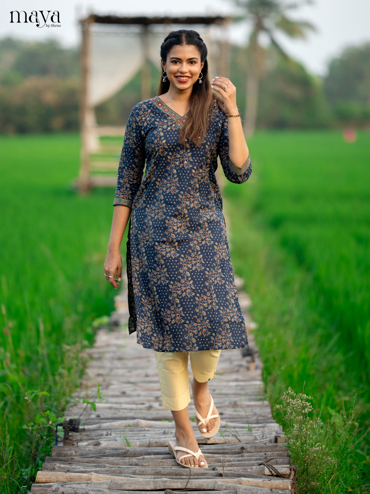 Blue Ajrakh Printed Cotton Kurti - Shop on Shrus.com