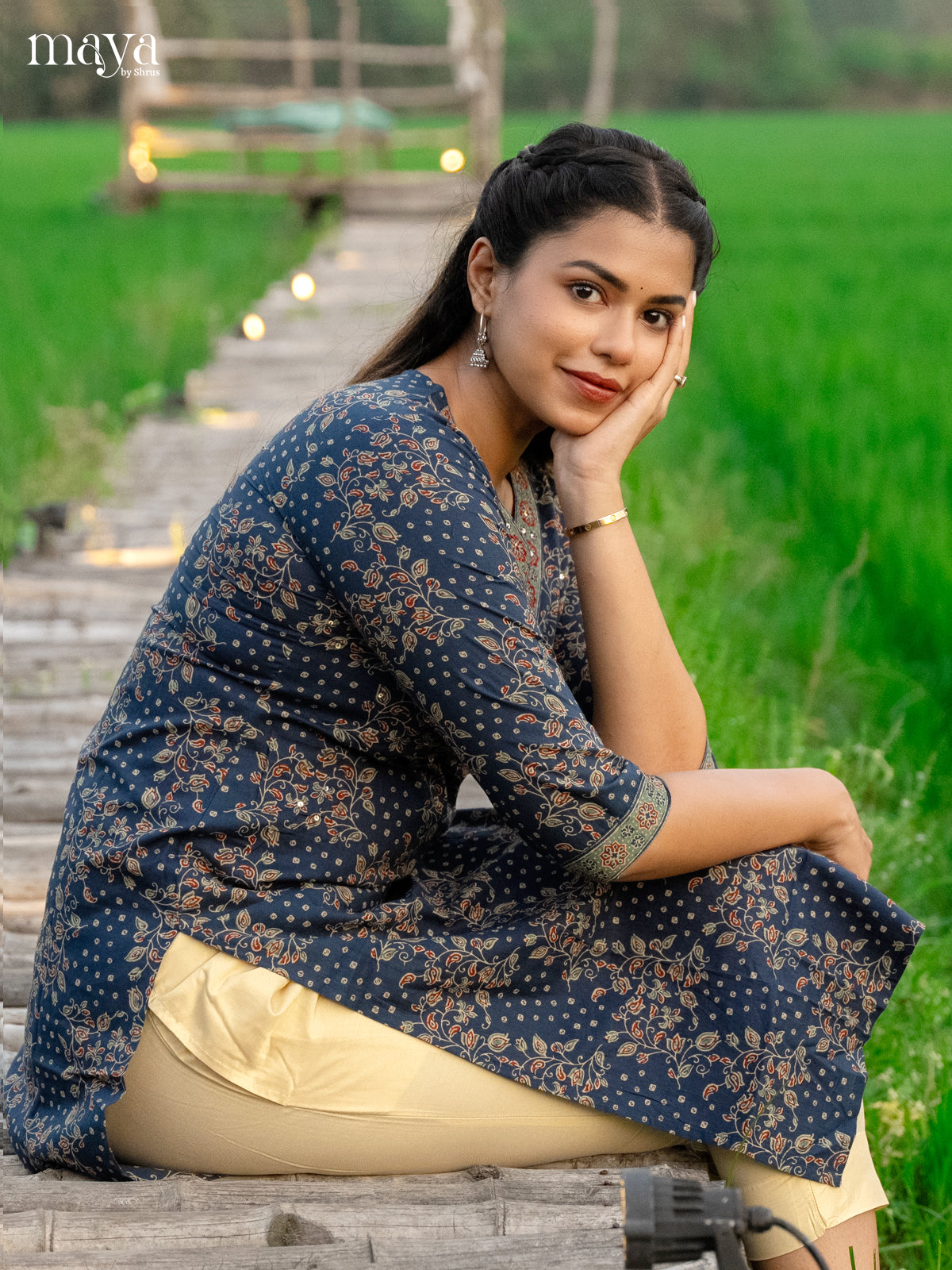 Blue Ajrakh Printed Cotton Kurti - Shop on Shrus.com