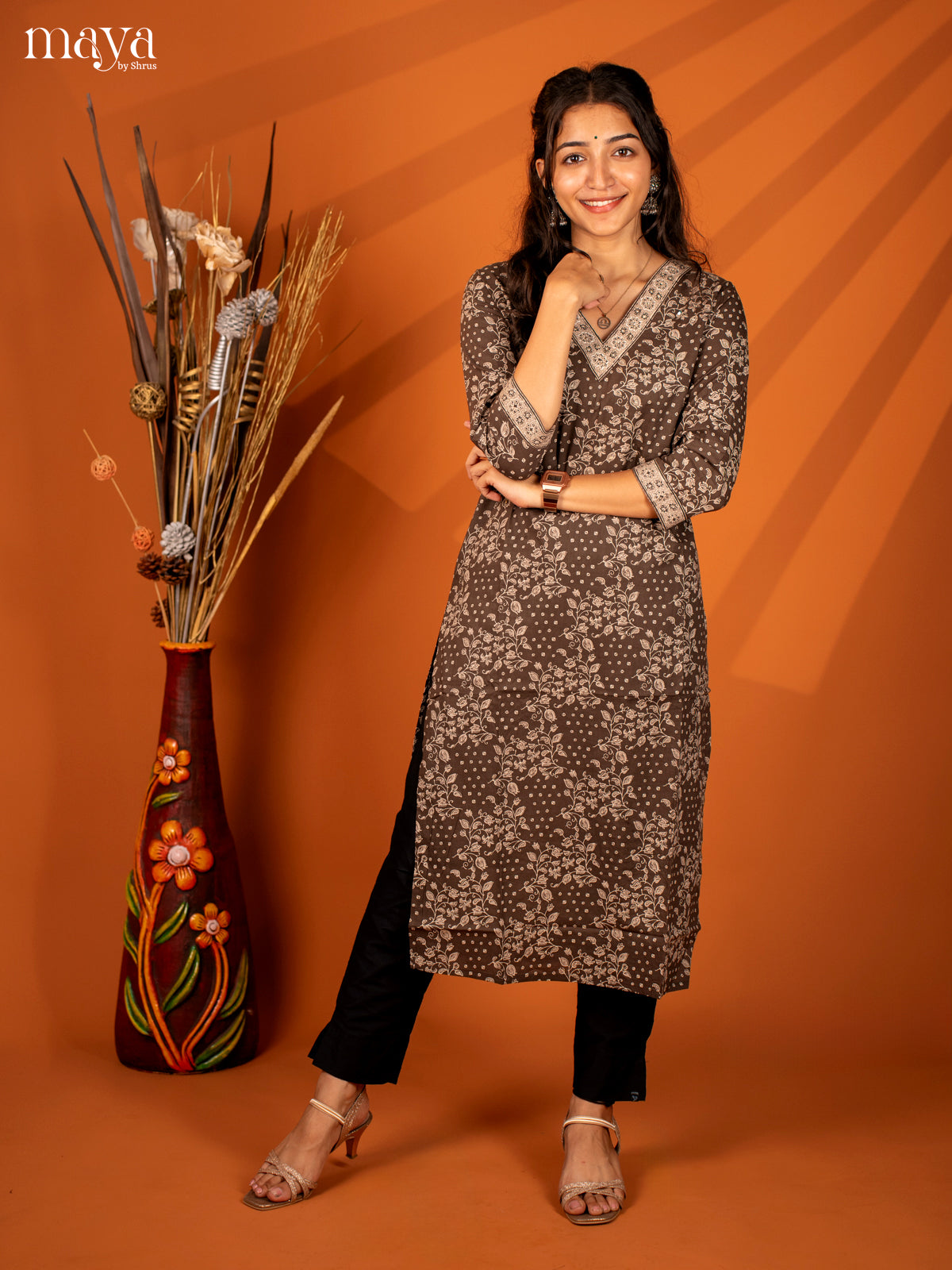 Brown Floral Printed Cotton Kurti - Shop on Shrus.com