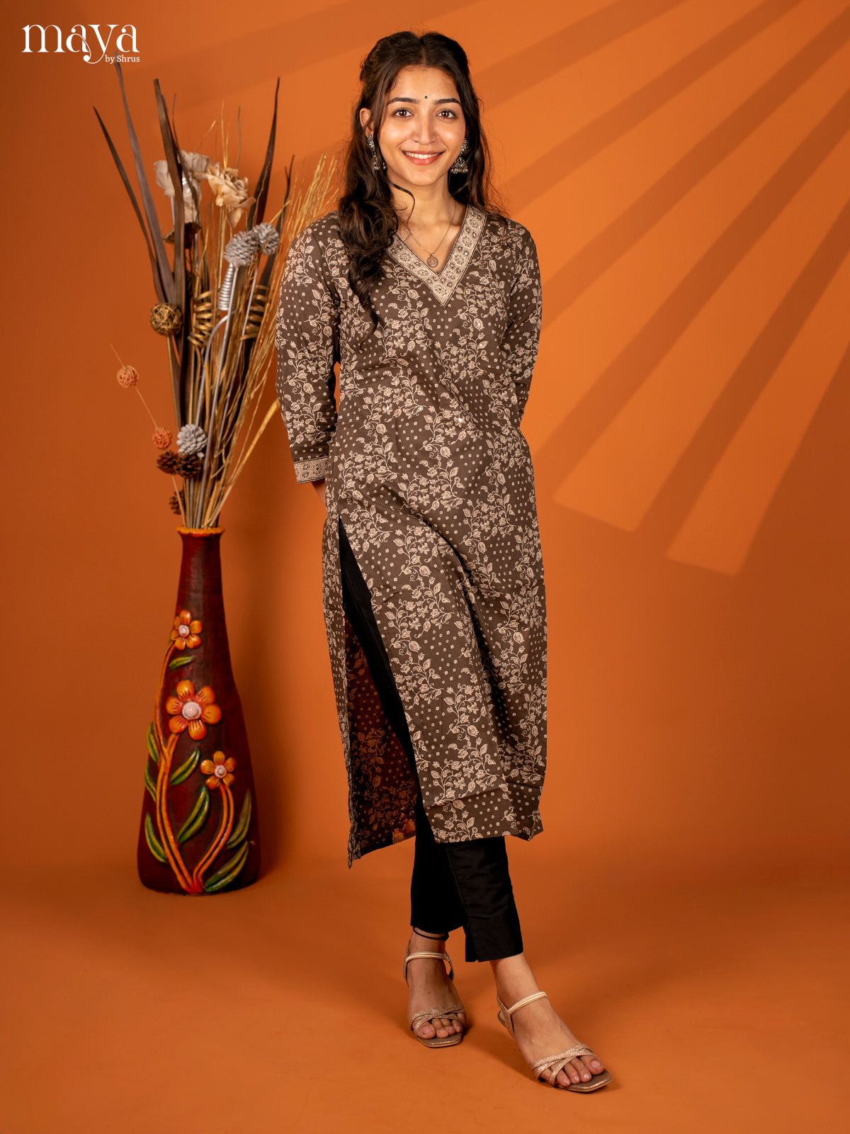 Brown Floral Printed Cotton Kurti - Shop on Shrus.com