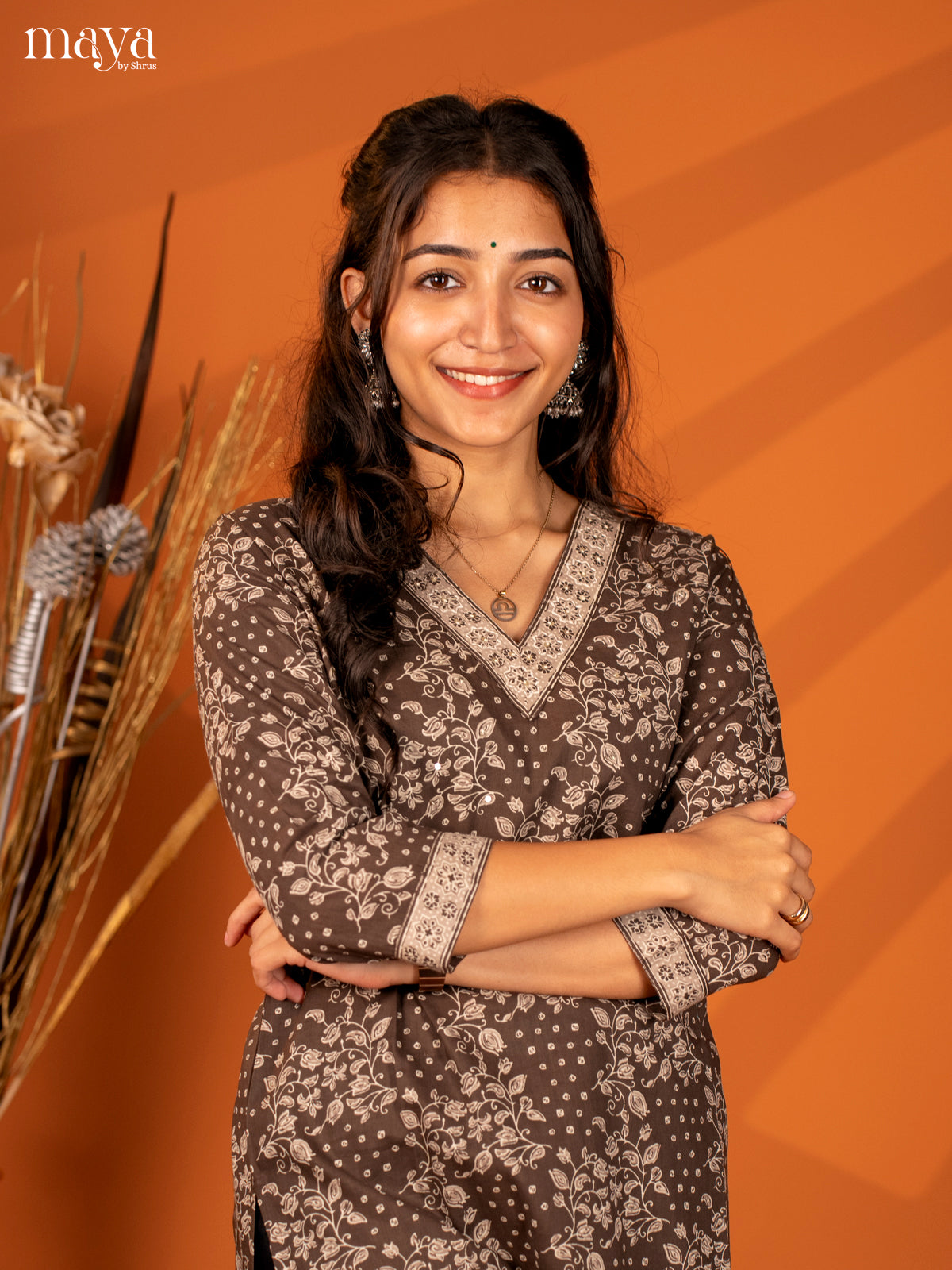 Brown Floral Printed Cotton Kurti - Shop on Shrus.com