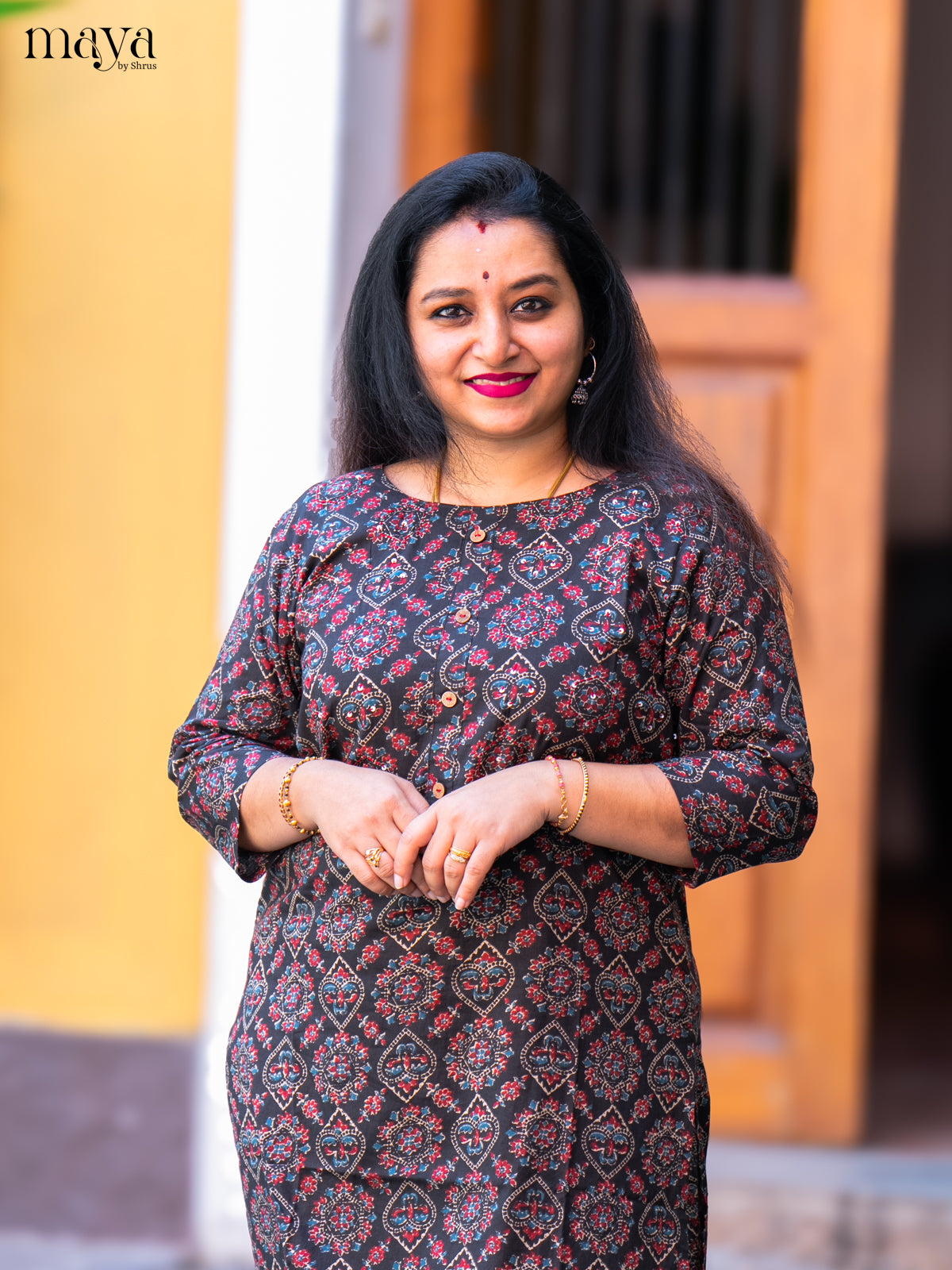 Black Ajrakh Printed Cotton Kurti - Shop on Shrus.com