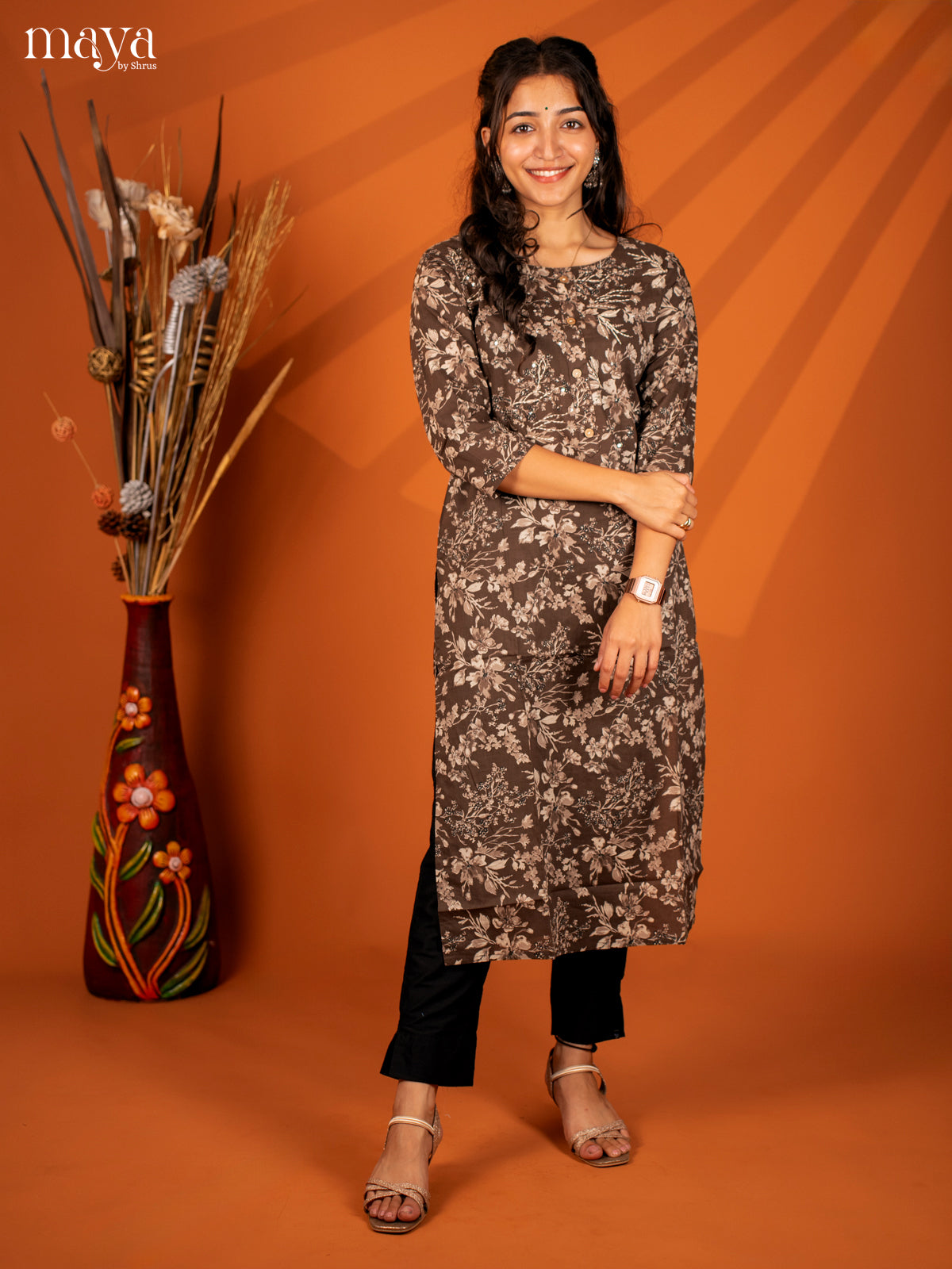 Brown Floral Printed Cotton Kurti - Shop on Shrus.com