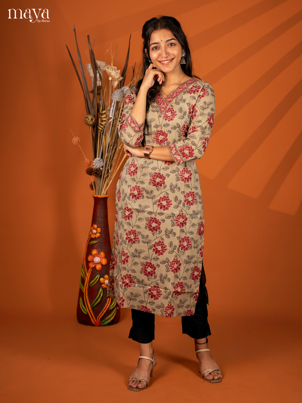 Brown Floral Printed Cotton Kurti - Shop on Shrus.com