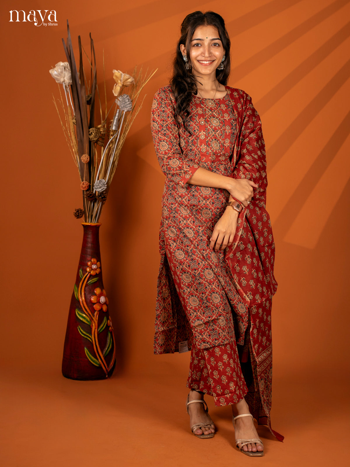 Brown Cotton 3PC Salwar with Block Print - Top, Bottom & Dupatta - Shop on Shrus.com