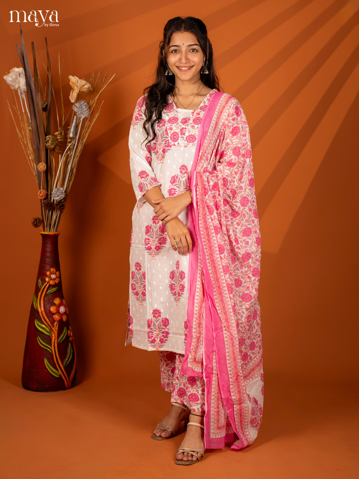 White Cotton 3Pc Salwar with Floral Print - Top, Bottom & Dupatta - Shop on Shrus.com