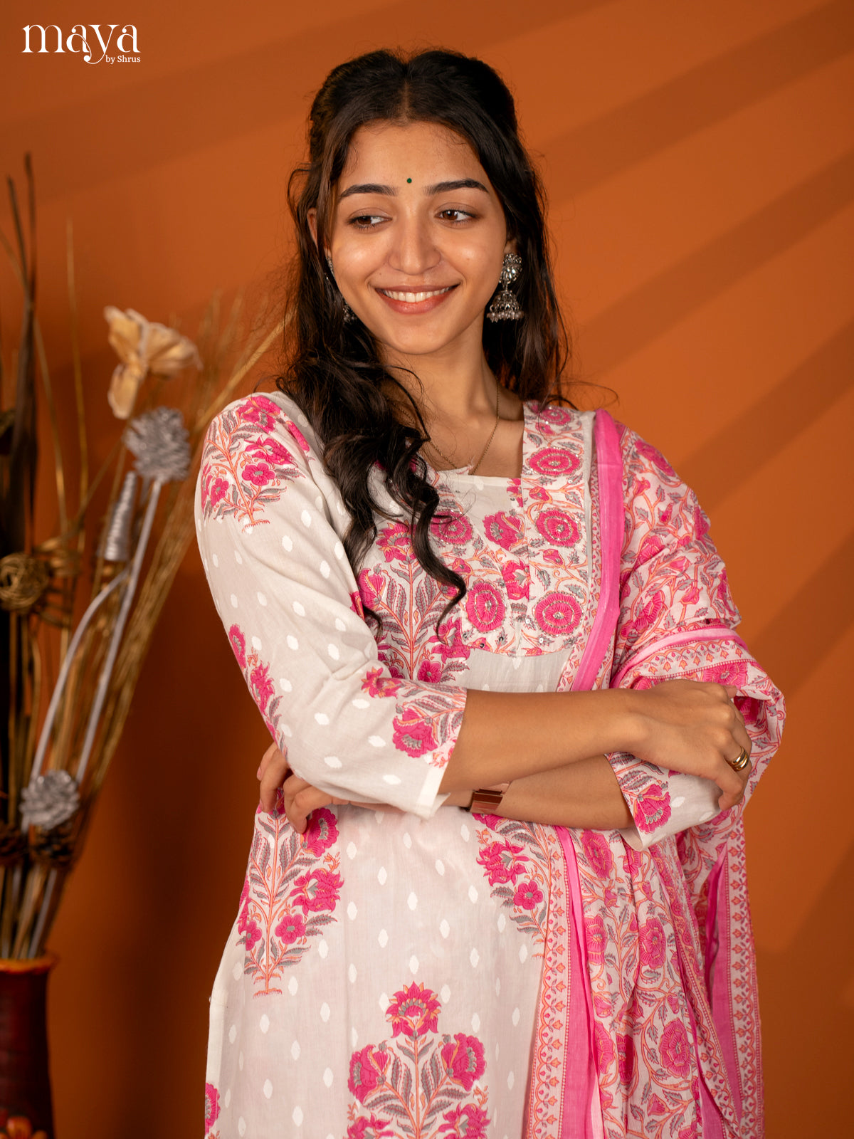 White Cotton 3Pc Salwar with Floral Print - Top, Bottom & Dupatta - Shop on Shrus.com