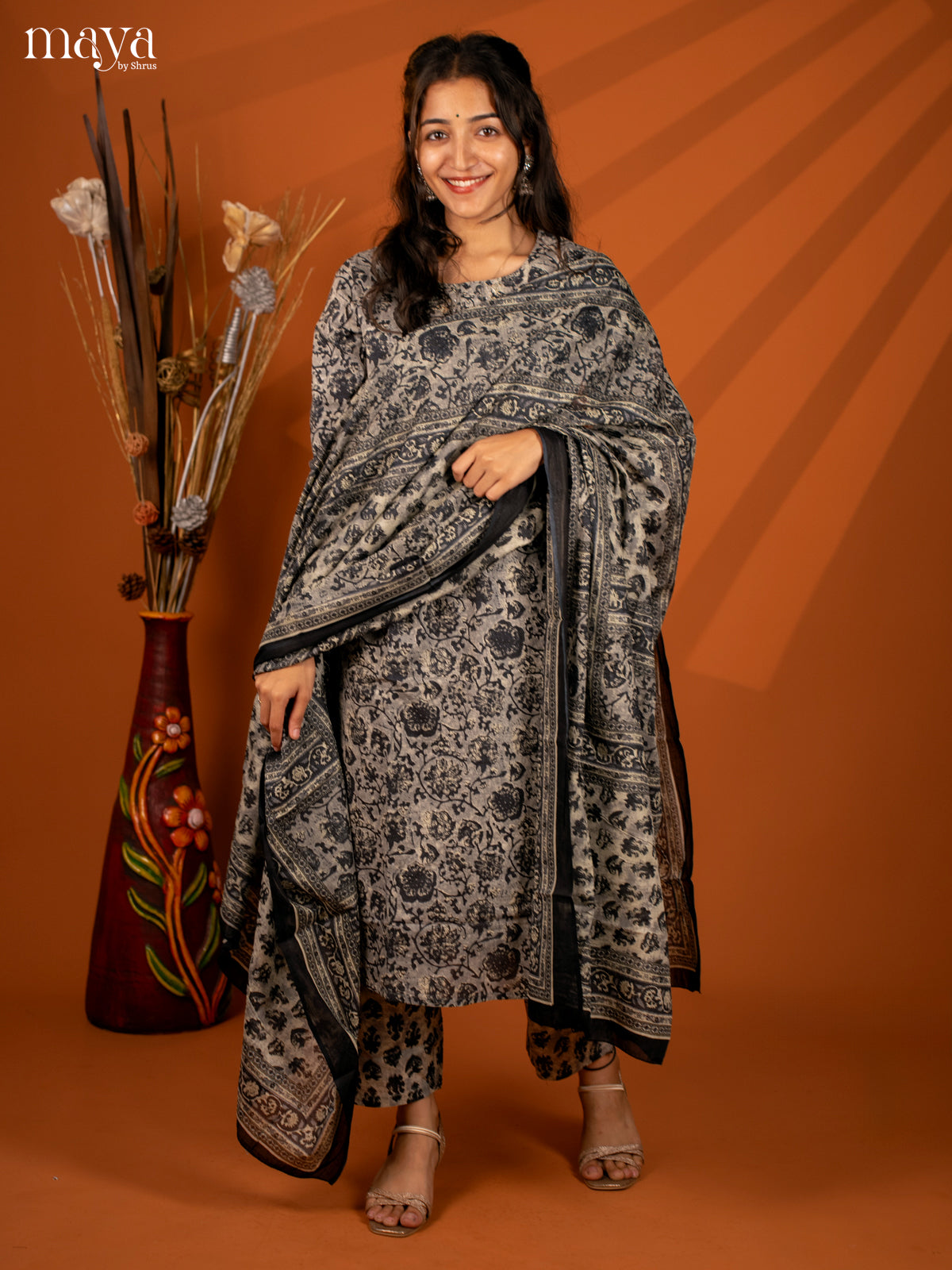 Grey Cotton 3Pc Salwar with Floral Print - Top, Bottom & Dupatta - Shop on Shrus.com
