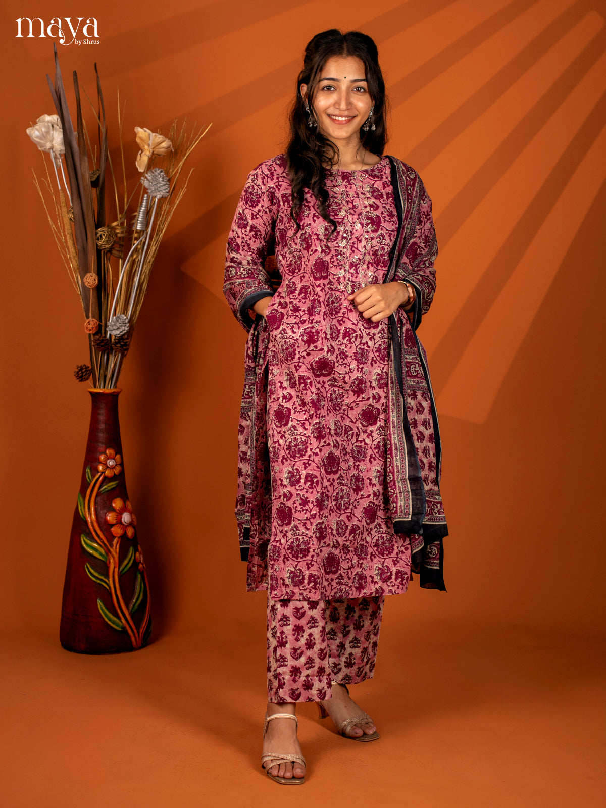 Pink Cotton 3Pc Salwar with Floral Print - Top, Bottom & Dupatta - Shop on Shrus.com