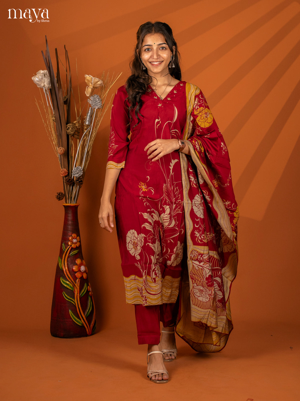 Maroon Cotton Printed 3Pc Salwar Suit- Top, Bottom & Dupatta - Shop on Shrus.com