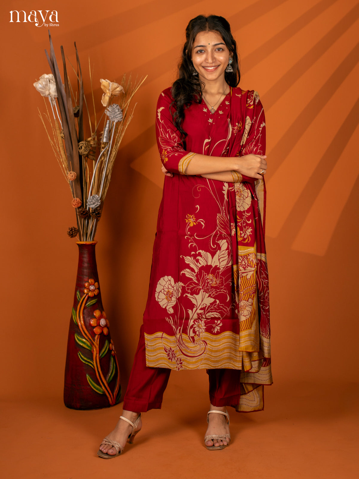 Maroon Cotton Printed 3Pc Salwar Suit- Top, Bottom & Dupatta - Shop on Shrus.com