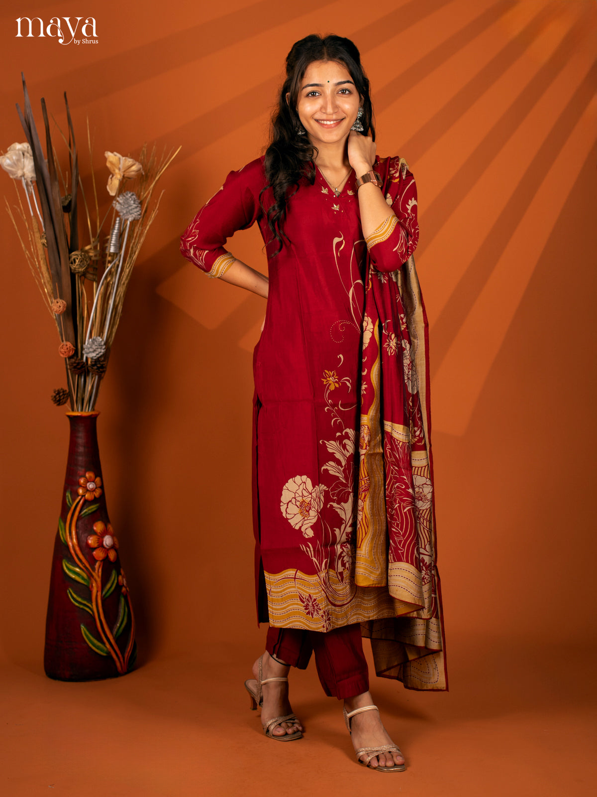 Maroon Cotton Printed 3Pc Salwar Suit- Top, Bottom & Dupatta - Shop on Shrus.com