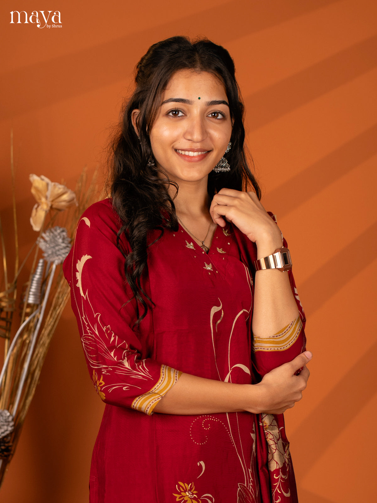 Maroon Cotton Printed 3Pc Salwar Suit- Top, Bottom & Dupatta - Shop on Shrus.com