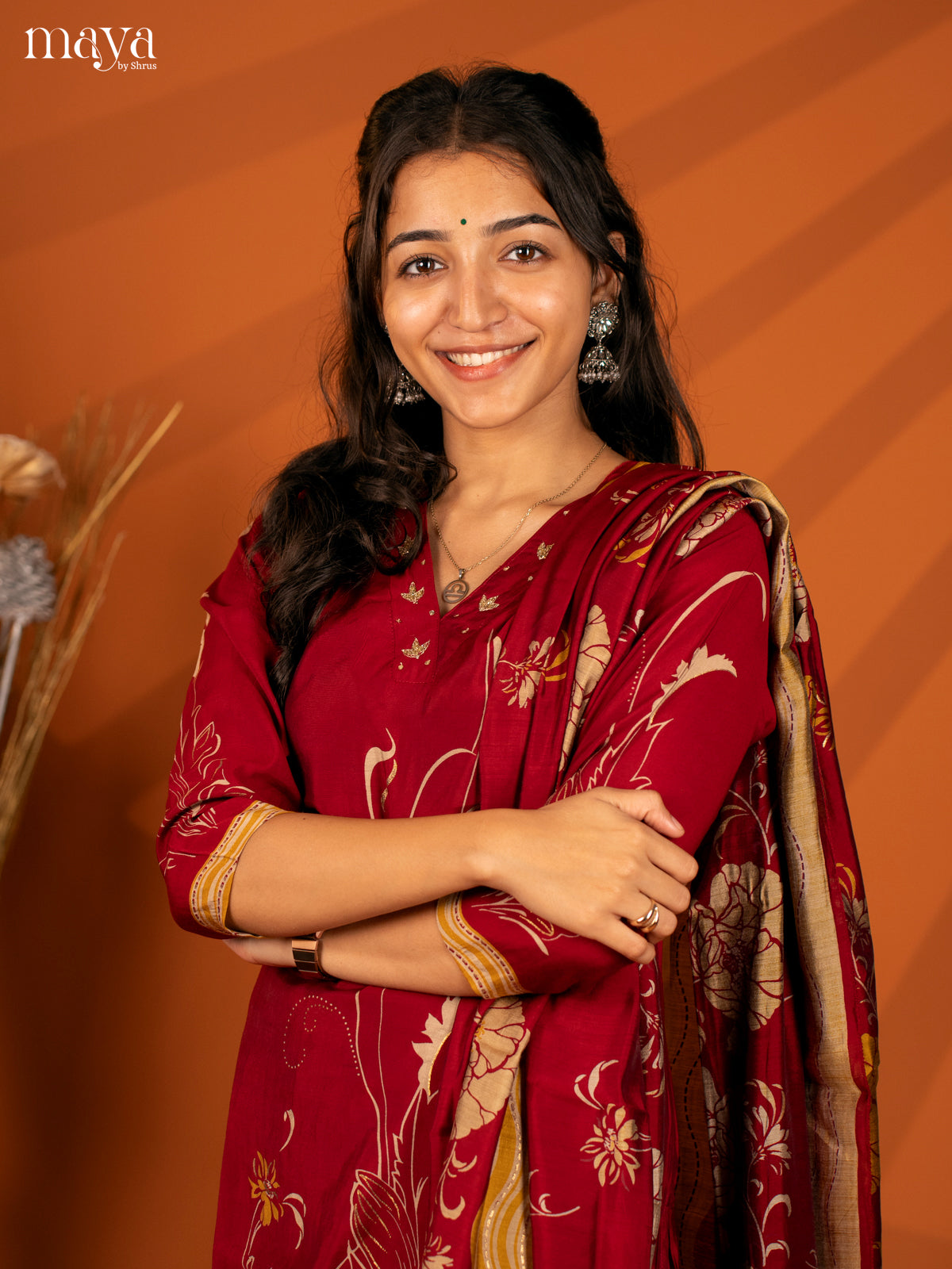 Maroon Cotton Printed 3Pc Salwar Suit- Top, Bottom & Dupatta - Shop on Shrus.com