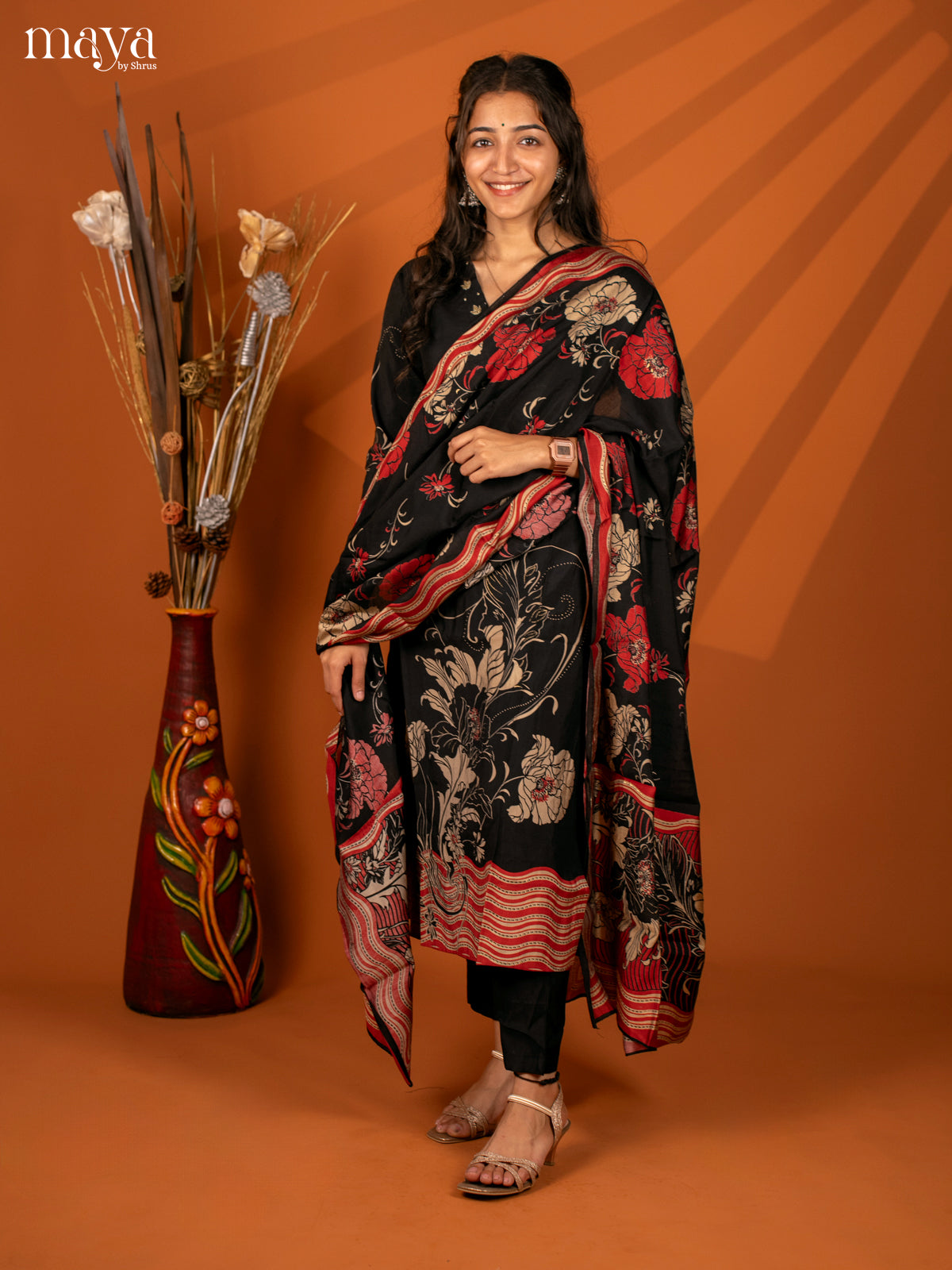 Black Cotton 3Pc Salwar with Printed- Top, Bottom & Dupatta - Shop on Shrus.com