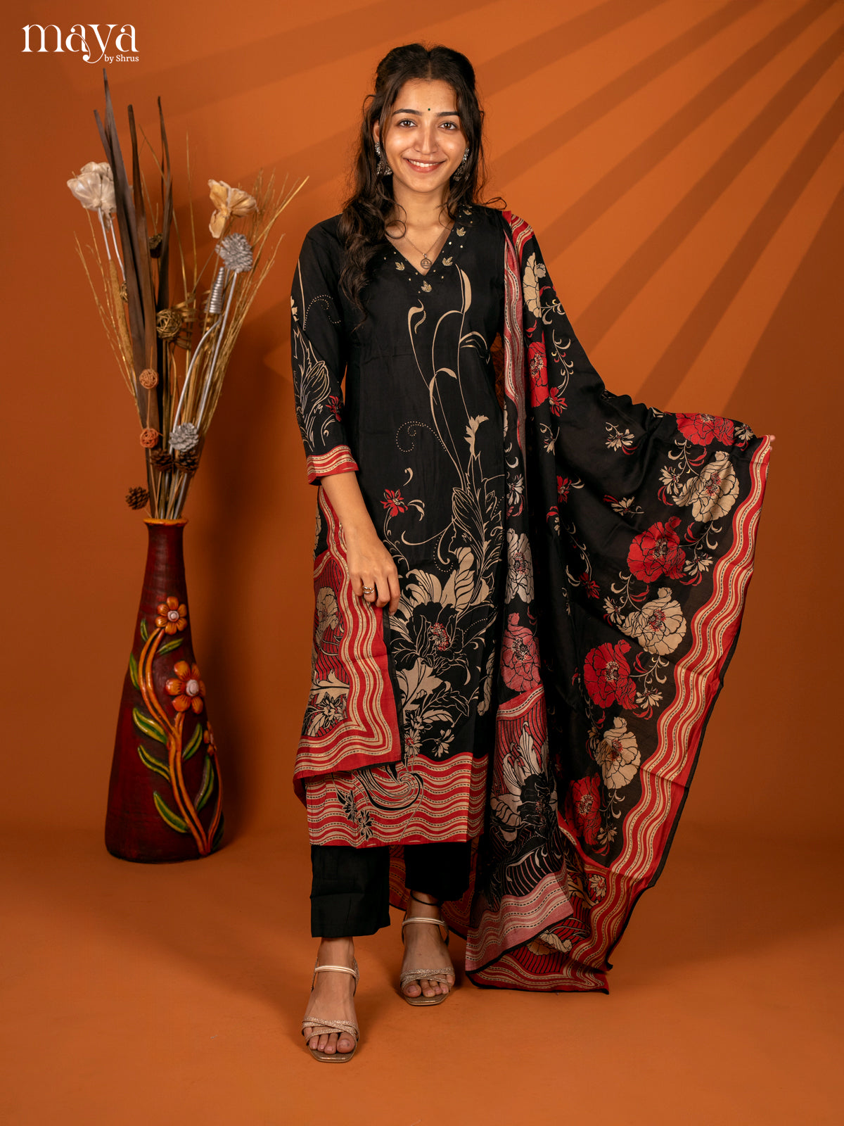 Black Cotton 3Pc Salwar with Printed- Top, Bottom & Dupatta - Shop on Shrus.com